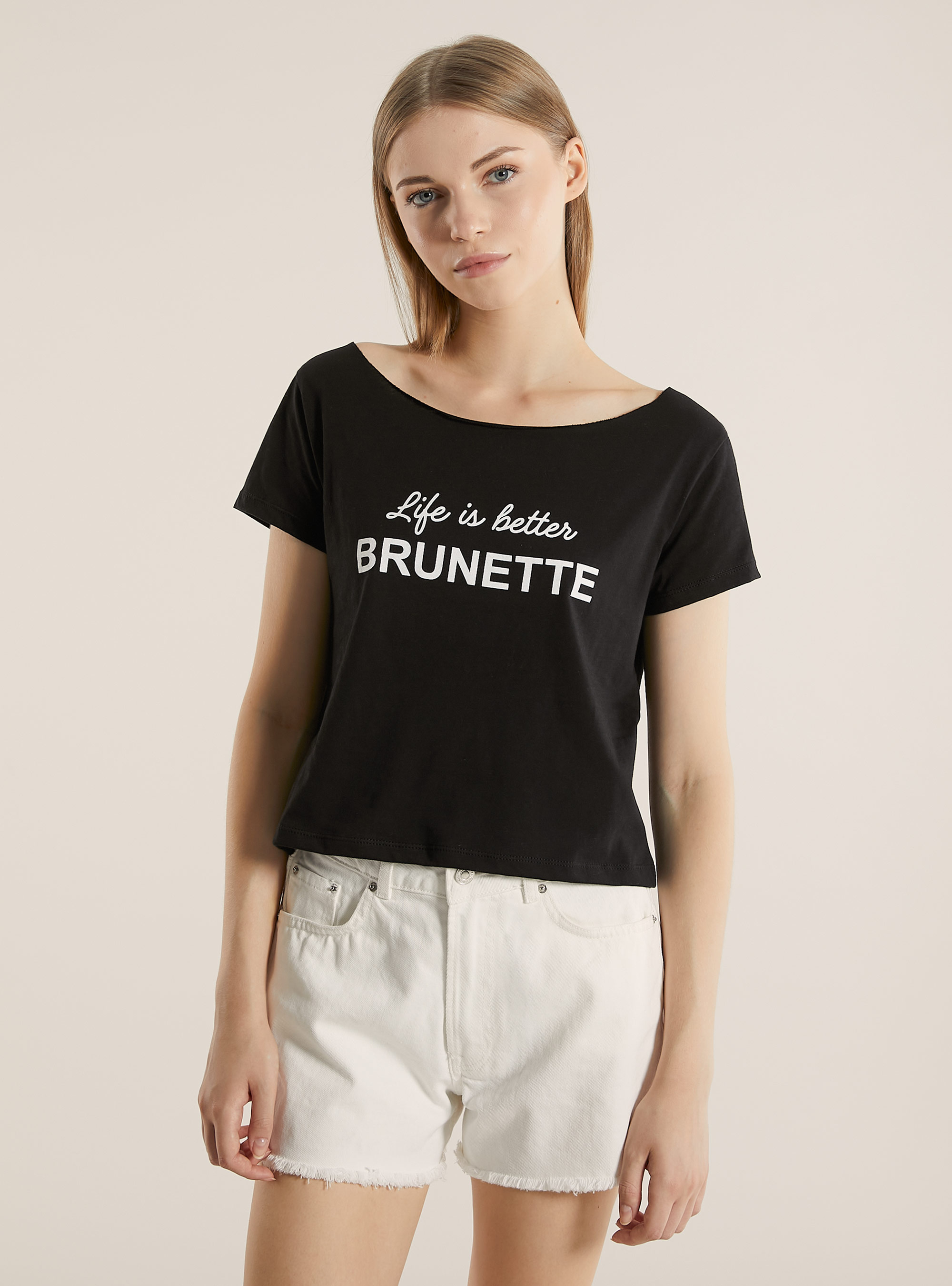 Camiseta con cuello barco y estampado, BK1 BLACK