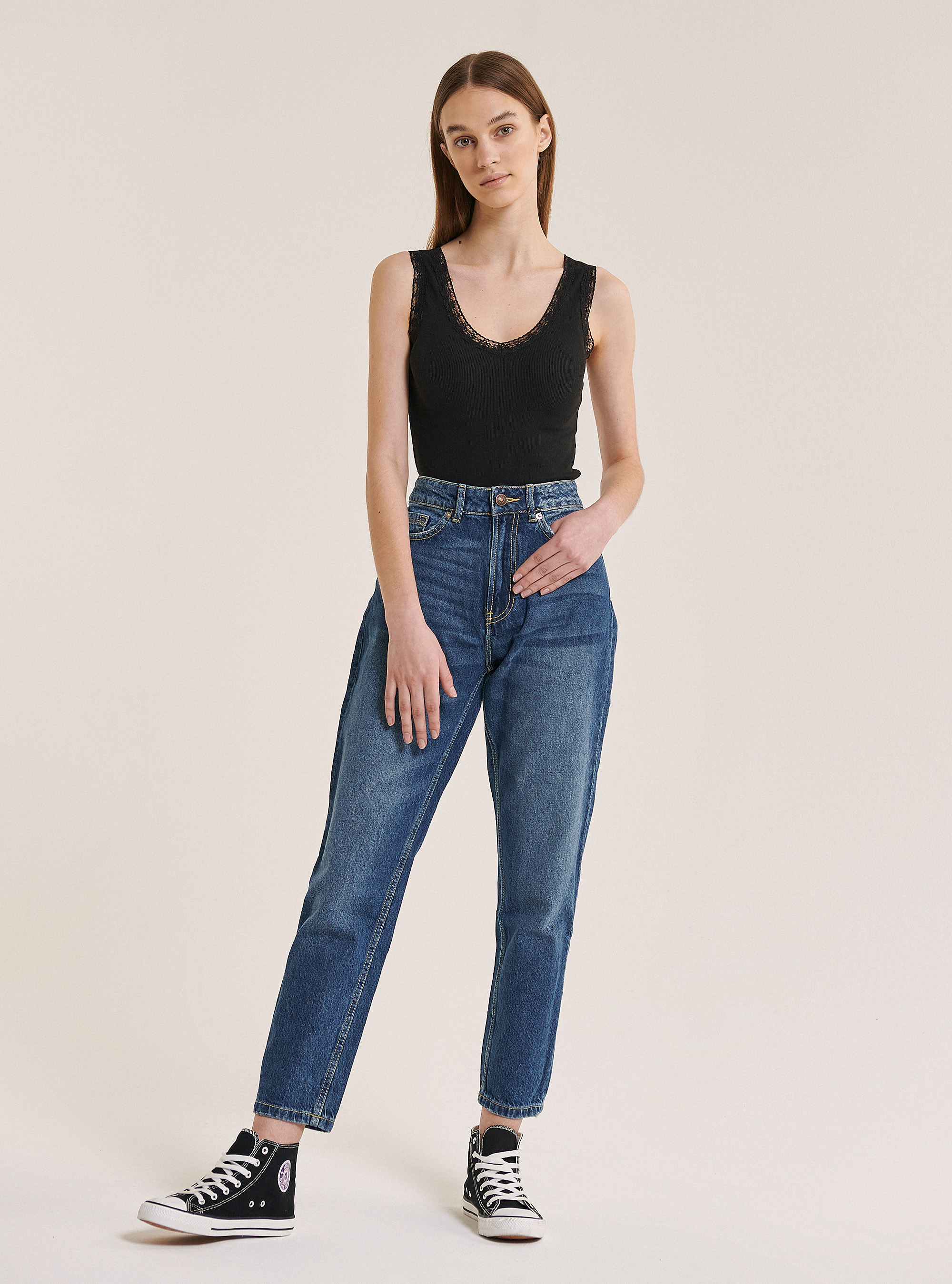 Tank top with lace, BLACK