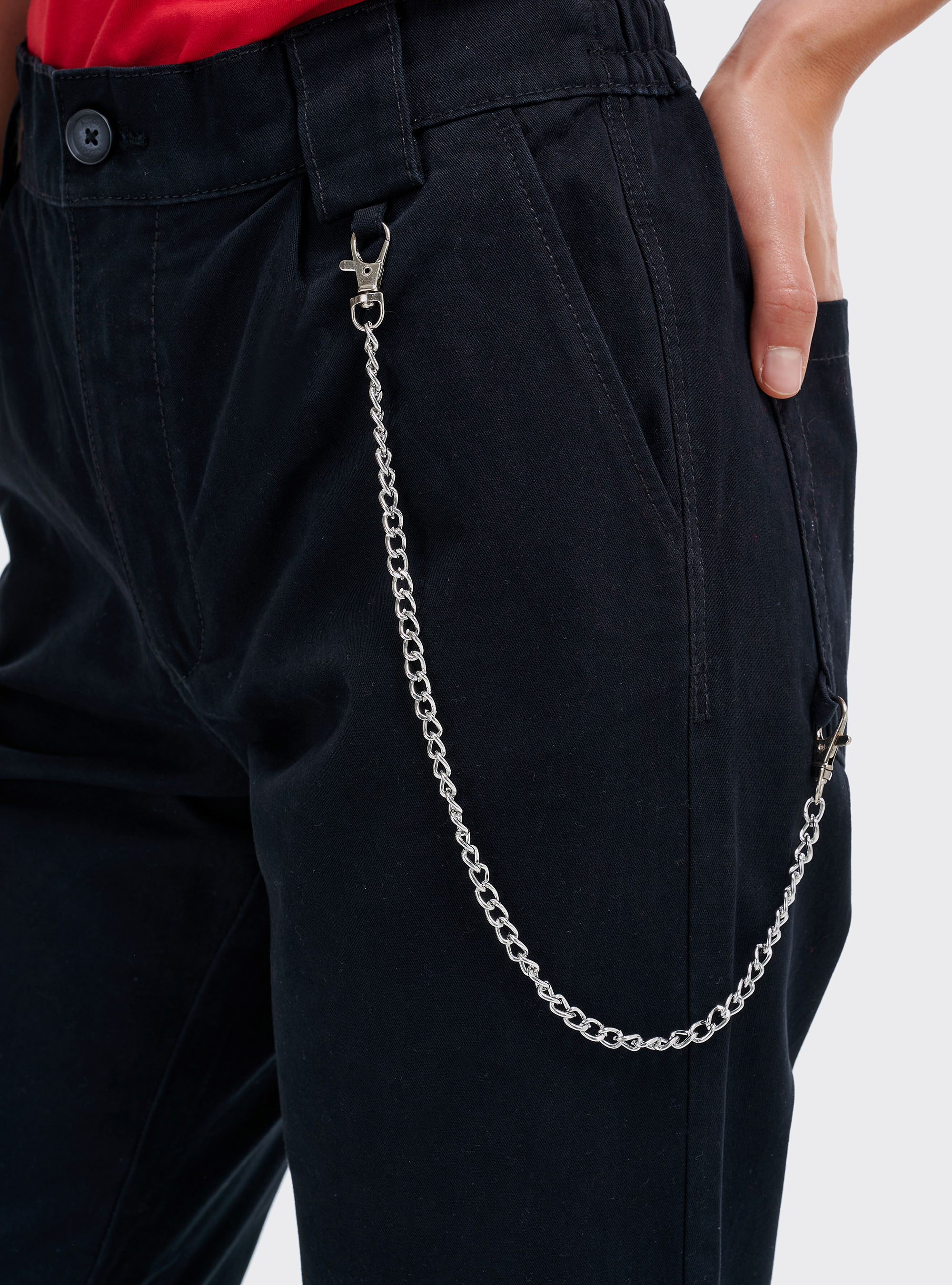 Pantaloni utility con catena laterale ed elastico alle caviglie, NERO