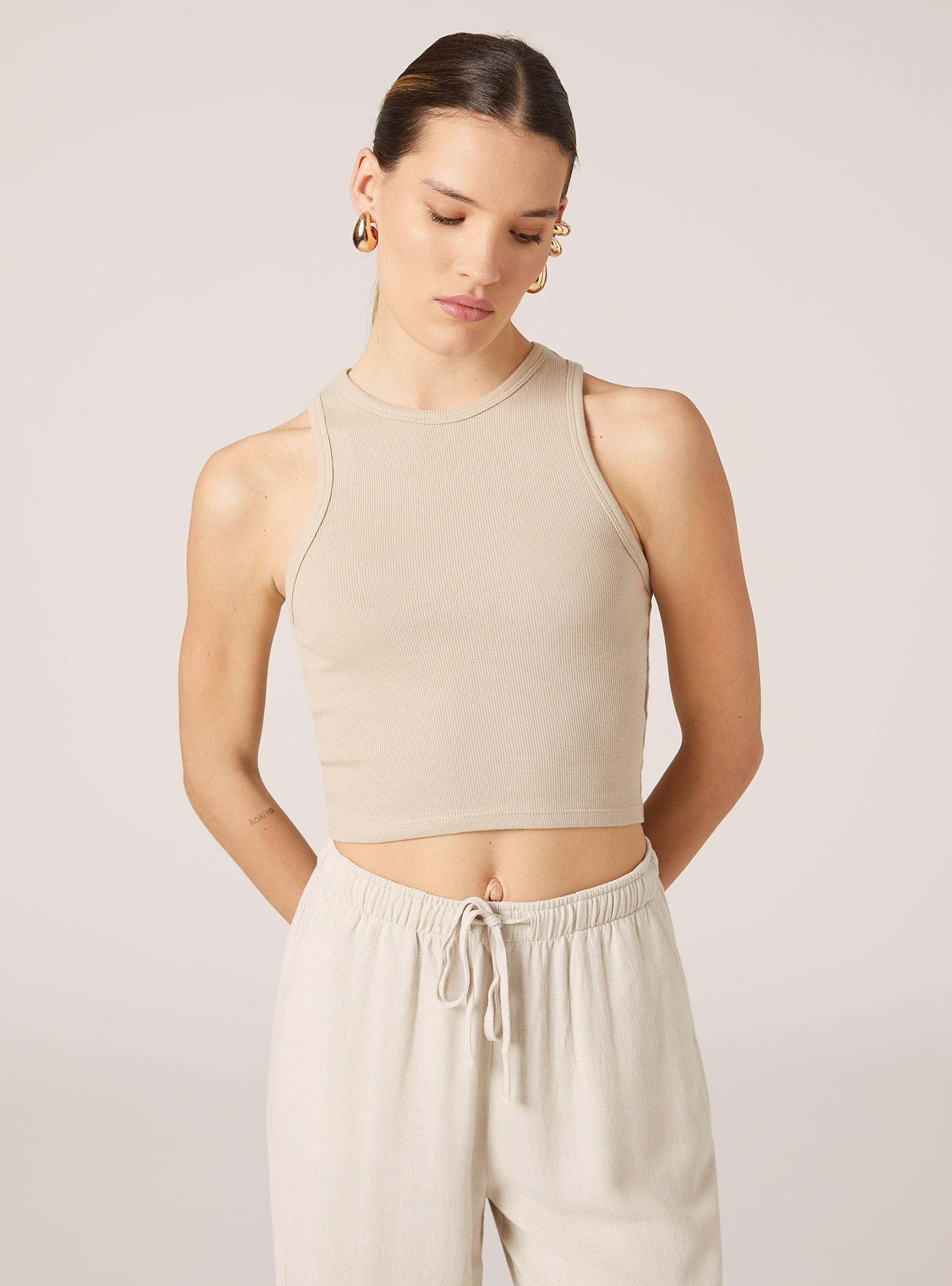 Cropped tank top in rib, BG2 BEIGE MEDIUM