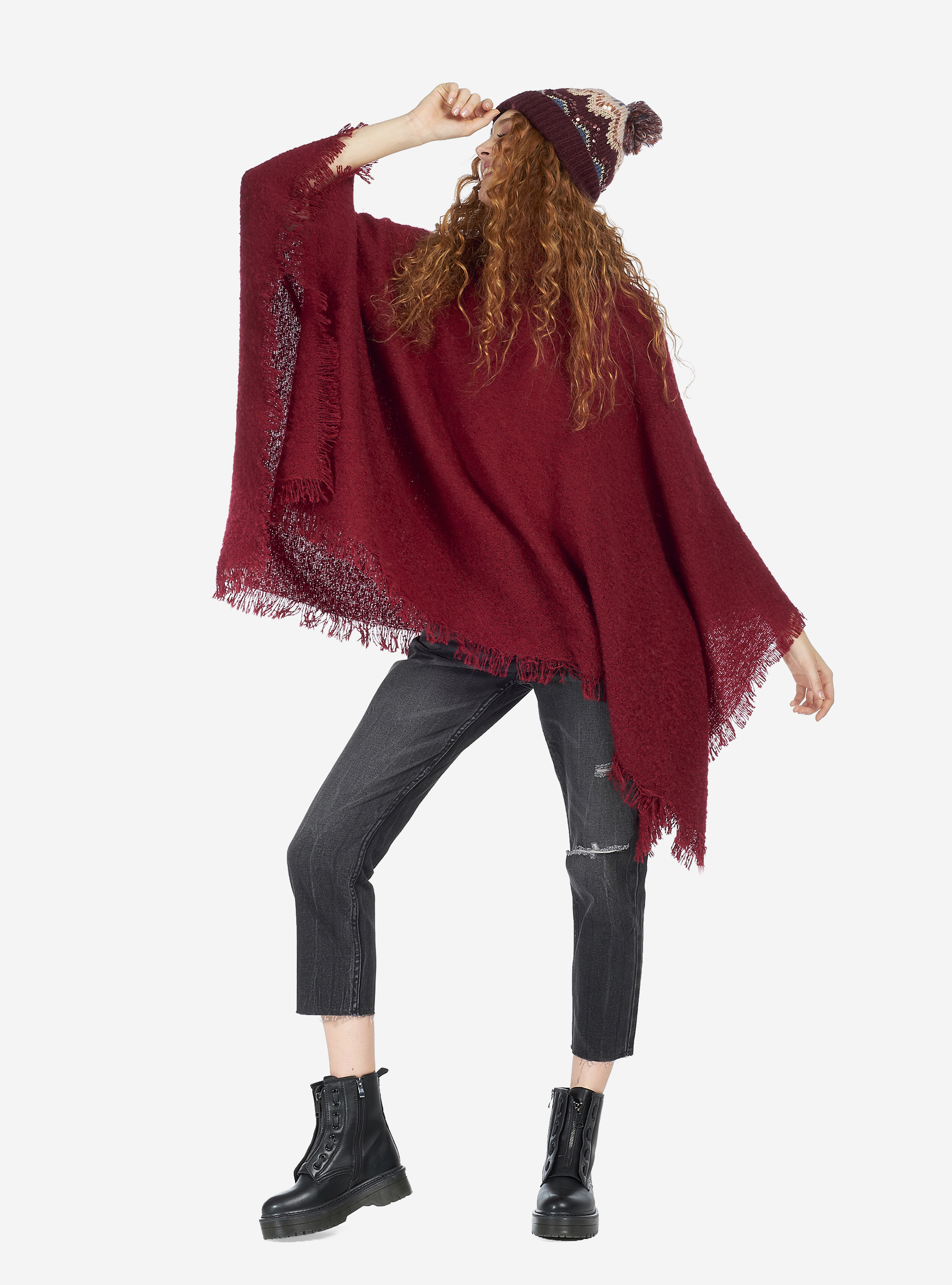 PONCHO WITH HIGH COLLAR, RED