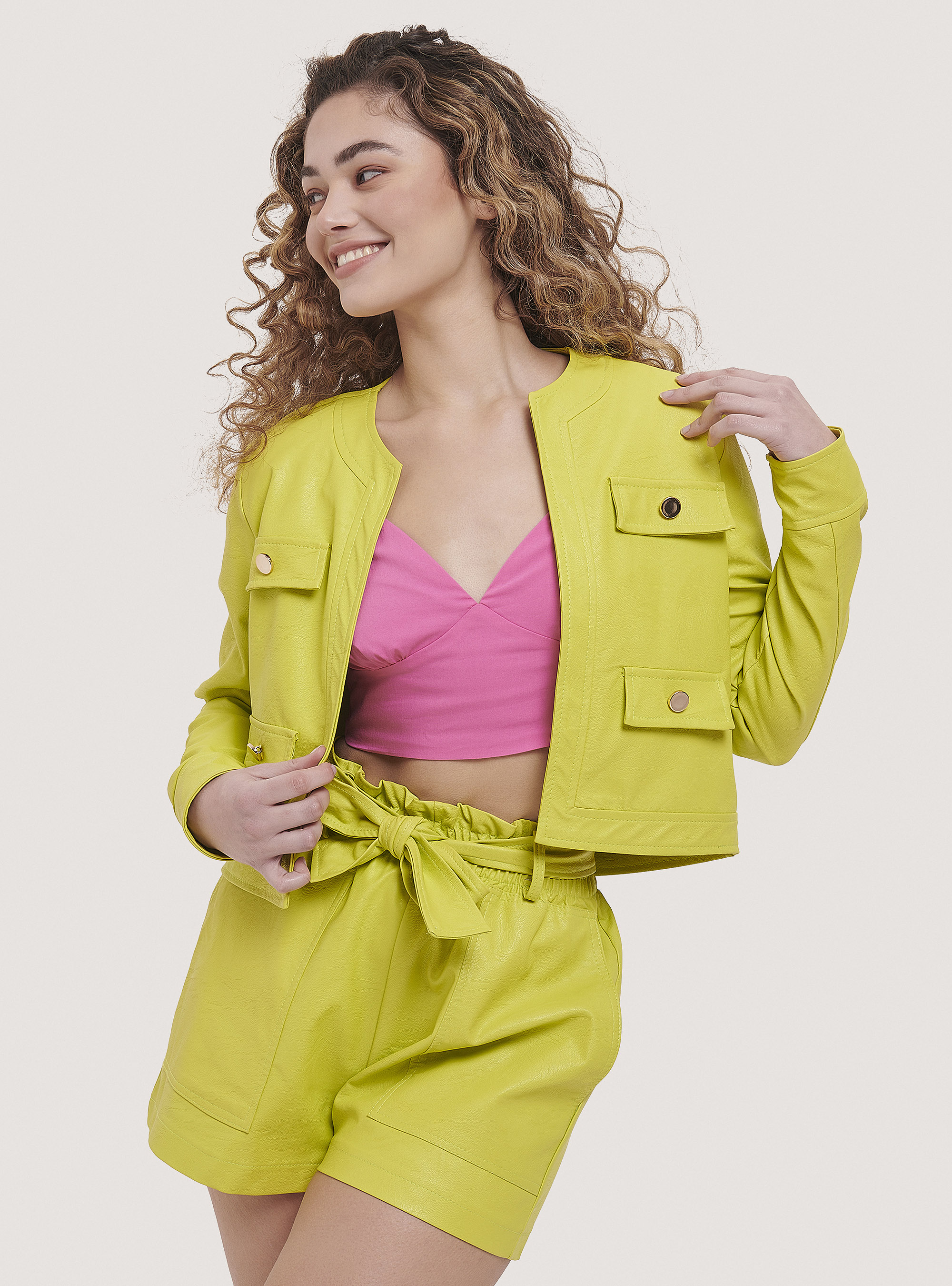 Cropped faux leather jacket with buttons, C7752 LIME