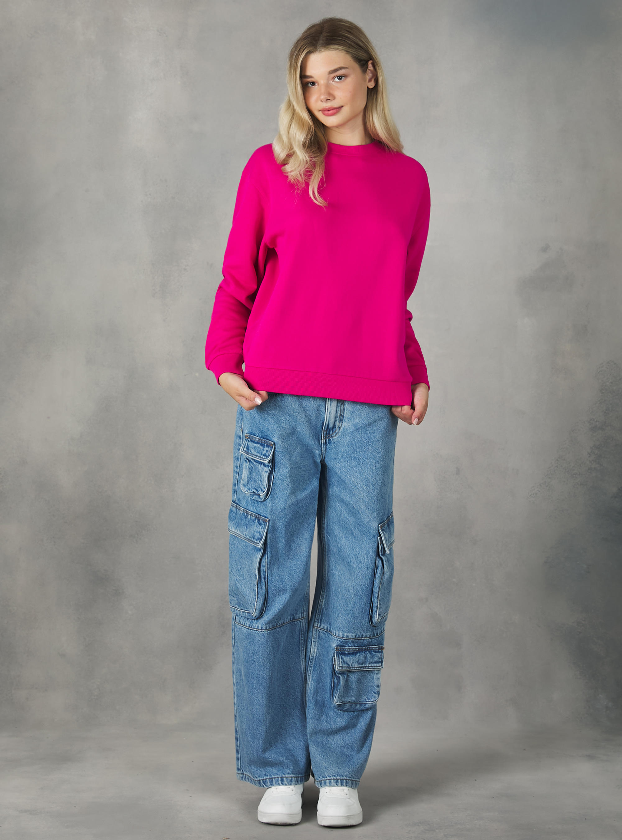 Plain-coloured cotton crew-neck sweatshirt, FX3 FUXIA LIGHT