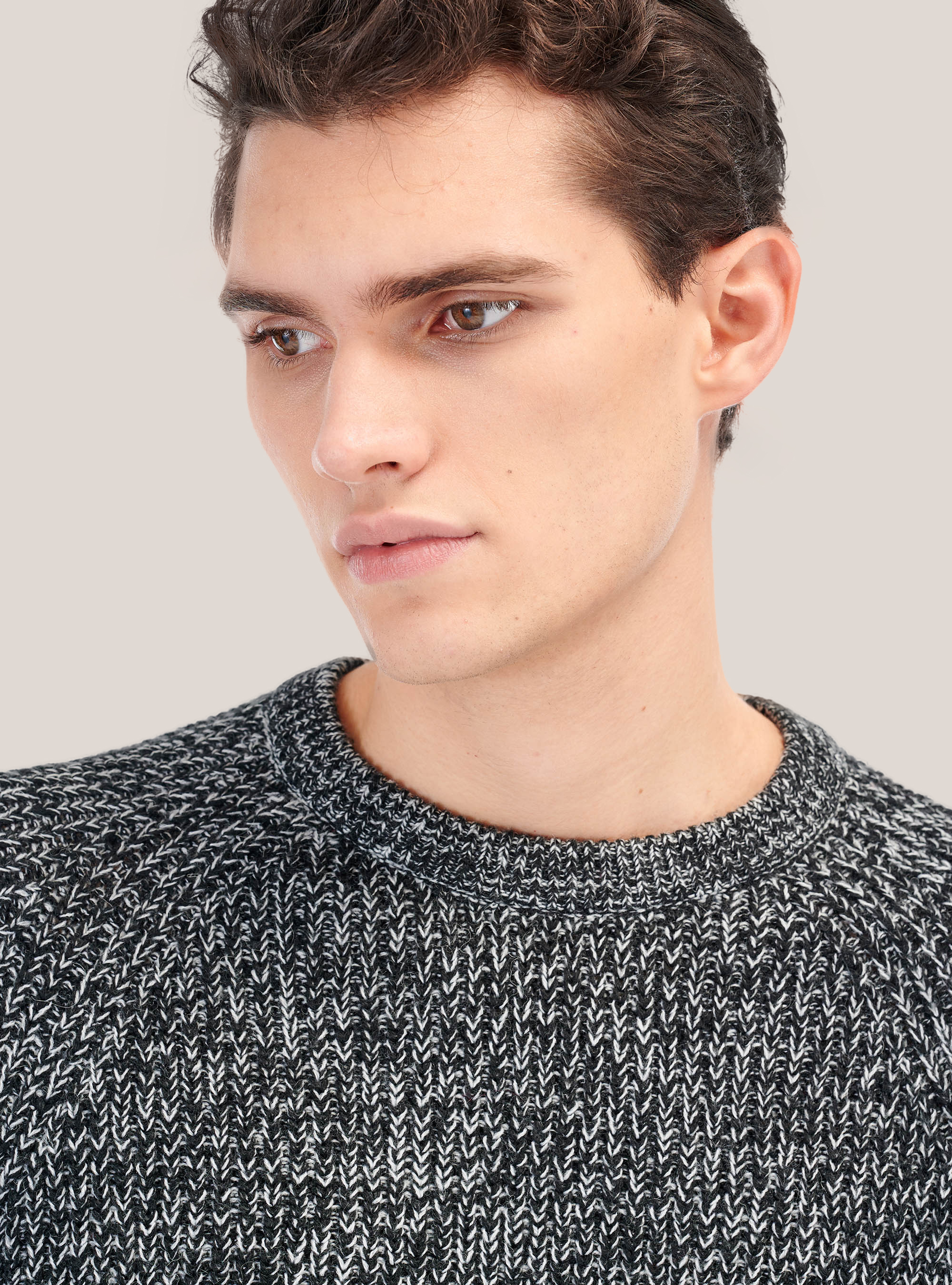 English rib round neck pullover in wool blend, CREAM/BLACK