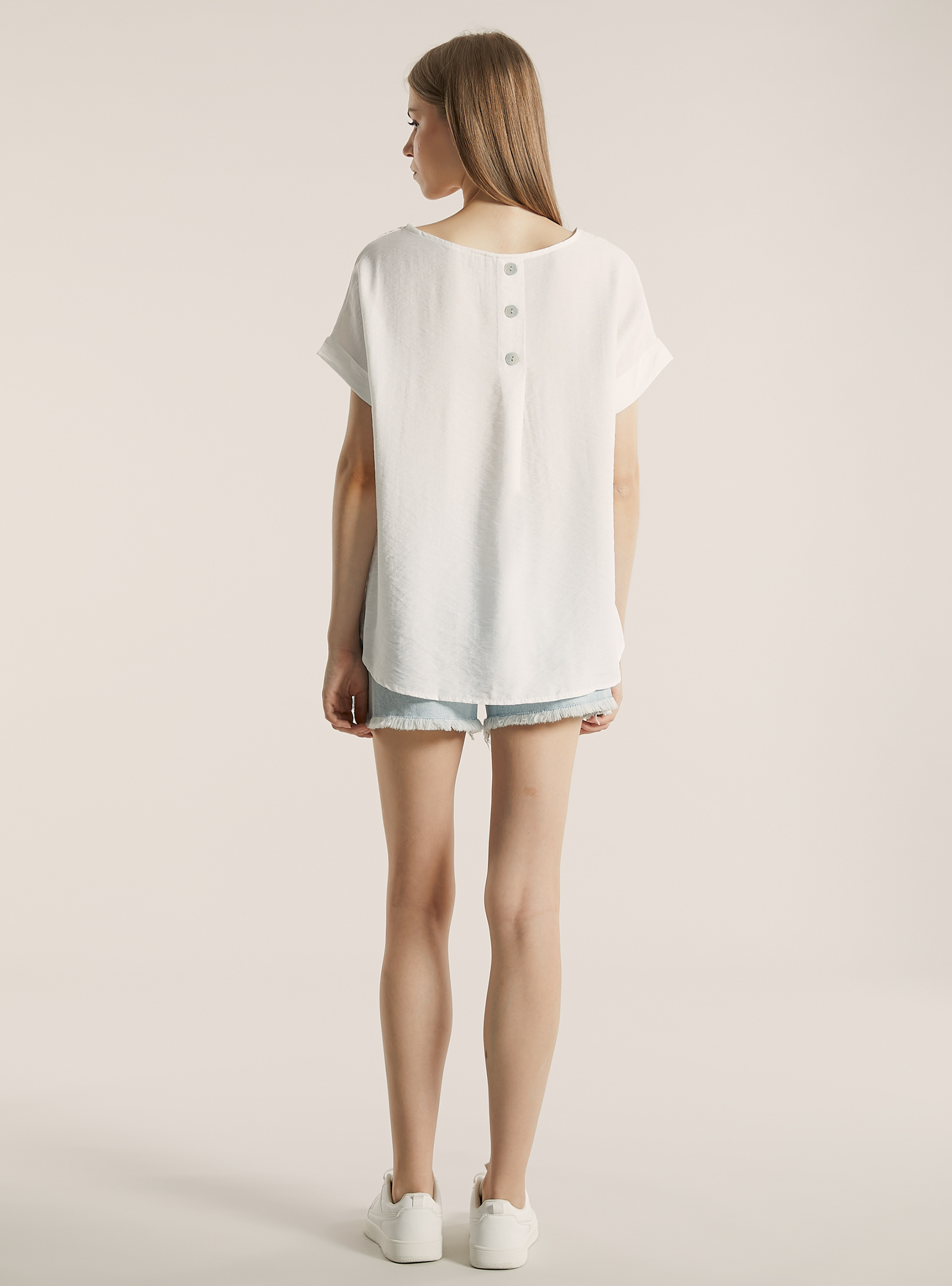 Blusa in canneté in tinta unita, WH2 WHITE