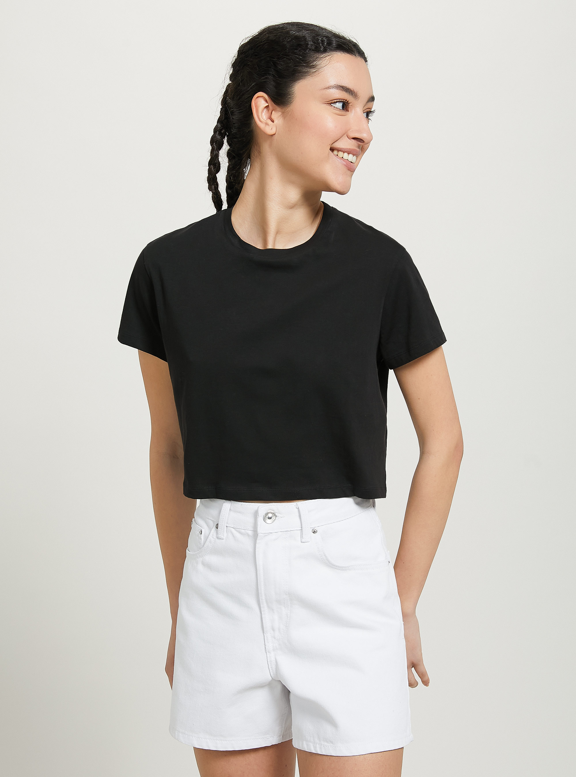 Short mom high waist, D099 WHITE