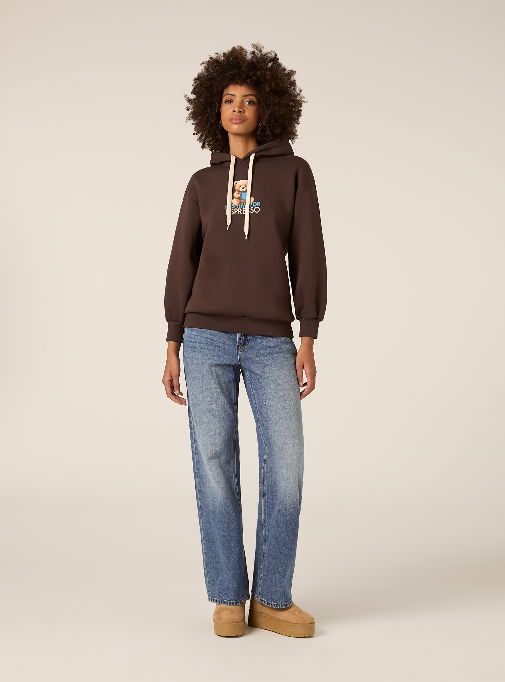 Felpa con cappuccio stampata, BR1 BROWN DARK