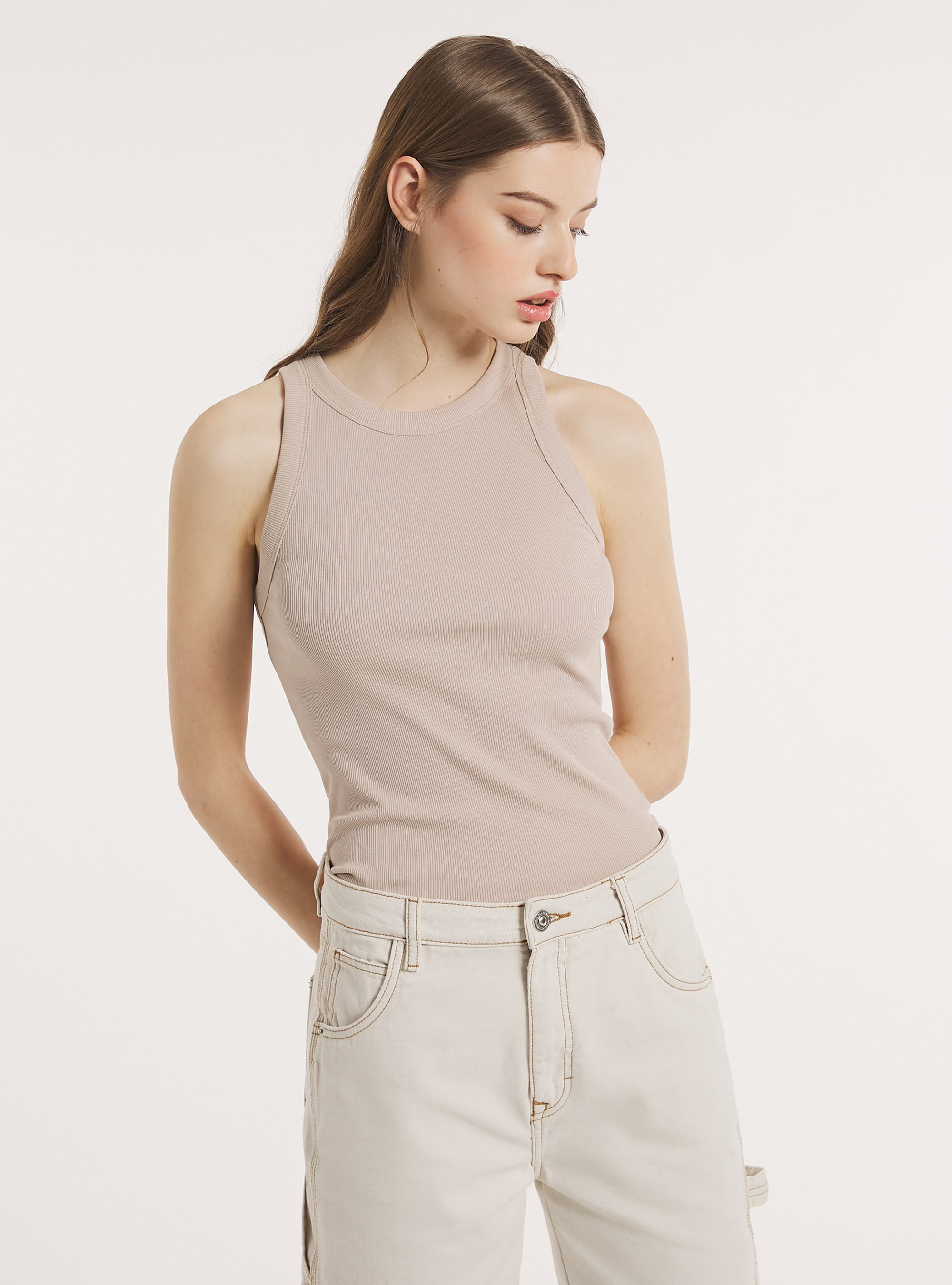Ribbed cotton tank top, BG3 BEIGE LIGHT