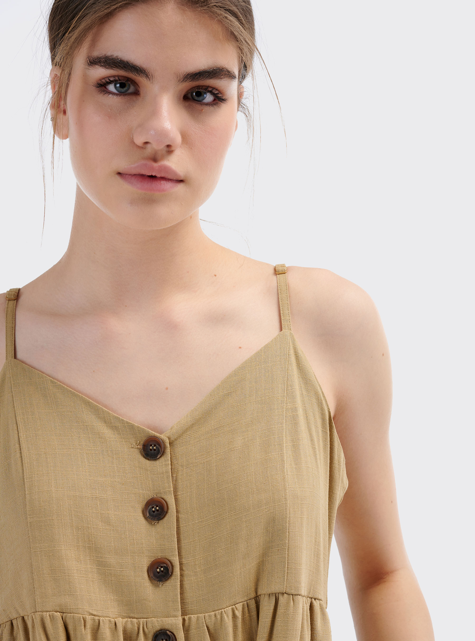 Tuta lunga in misto lino con gamba ampia e bottoncini sul front, BEIGE