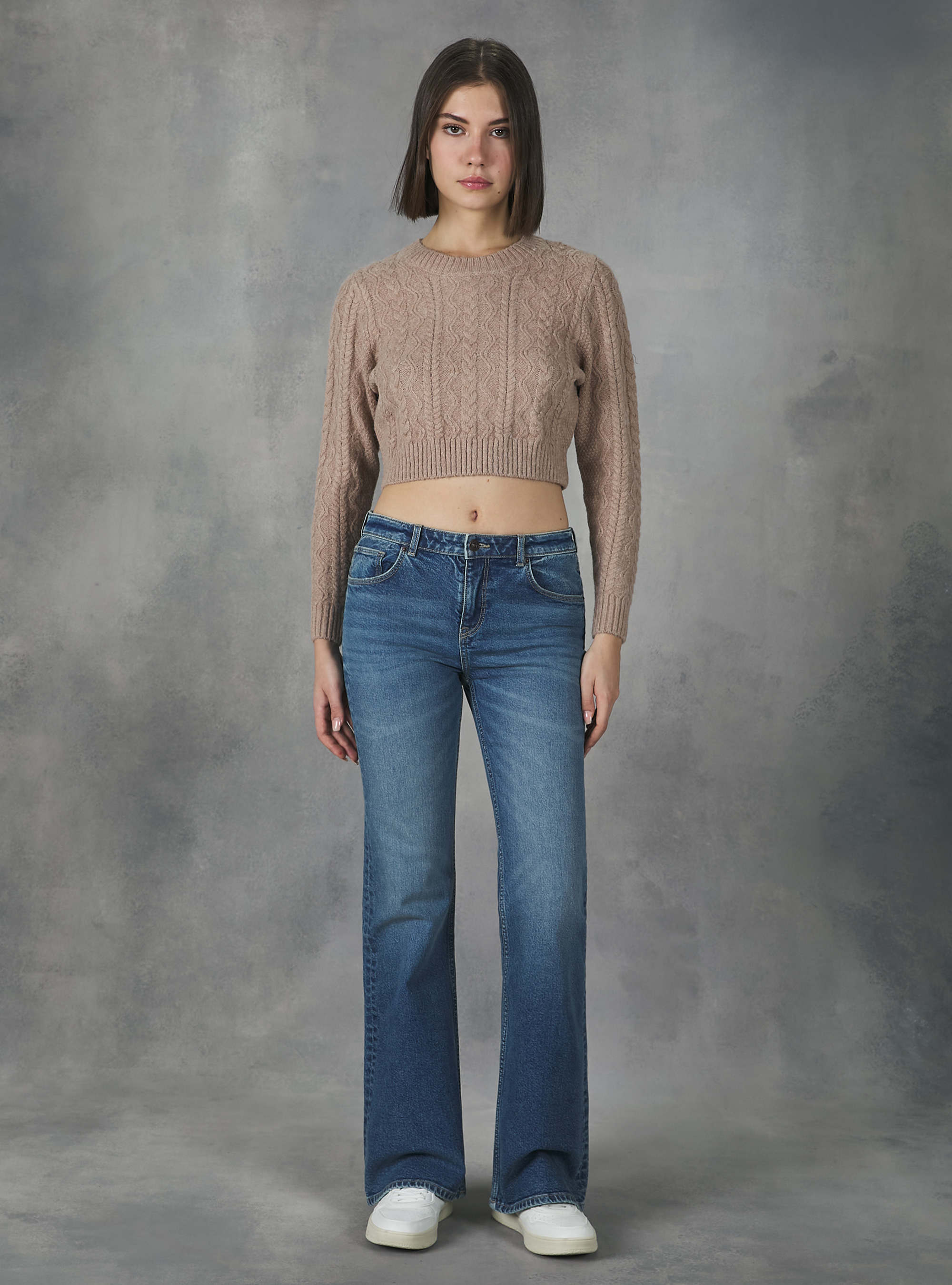 Cropped pullover with braids, MBG1 BEIGE MEL DARK