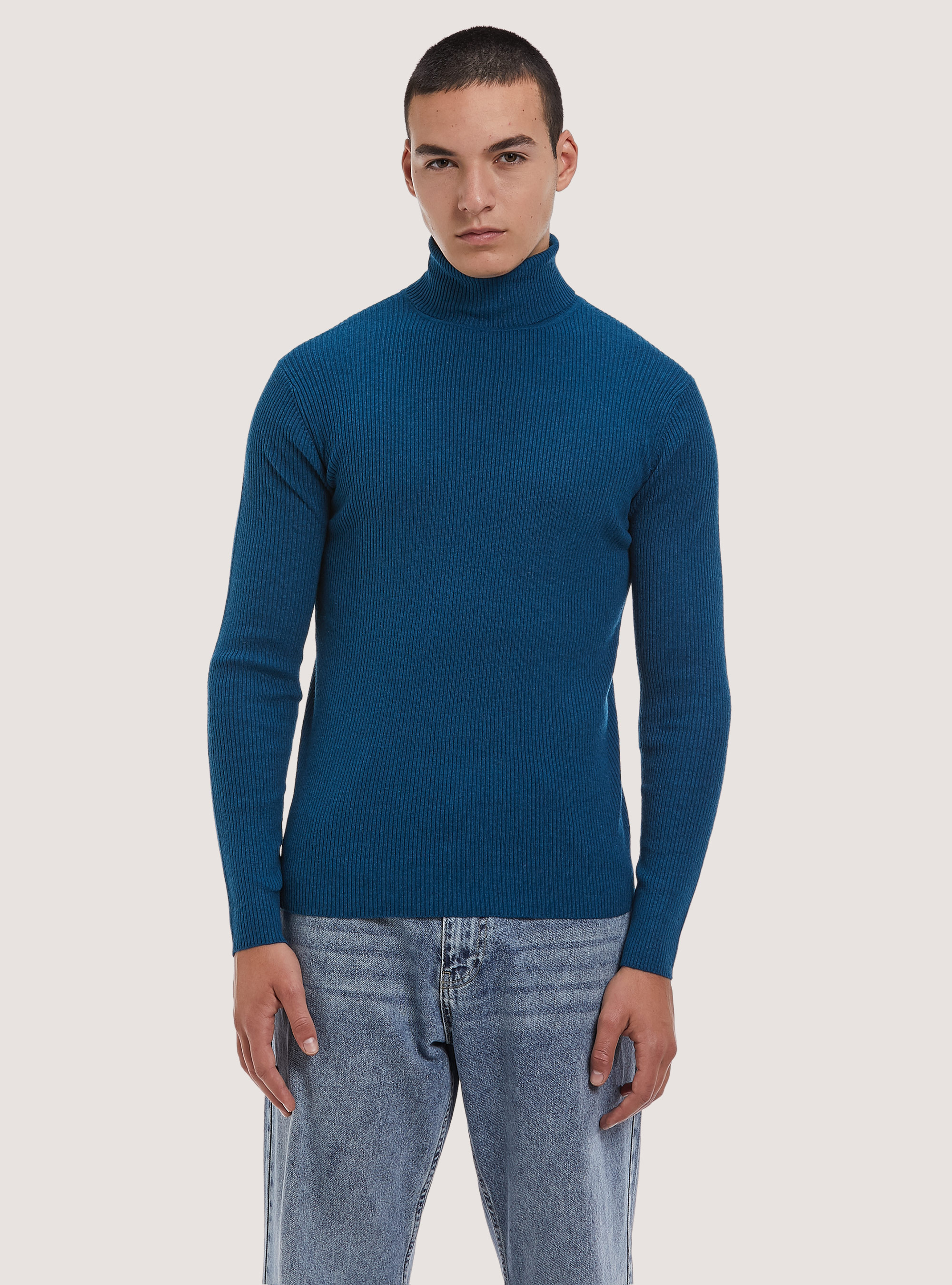 Ribbed turtleneck pullover, OB2 BLUE OIL MED.