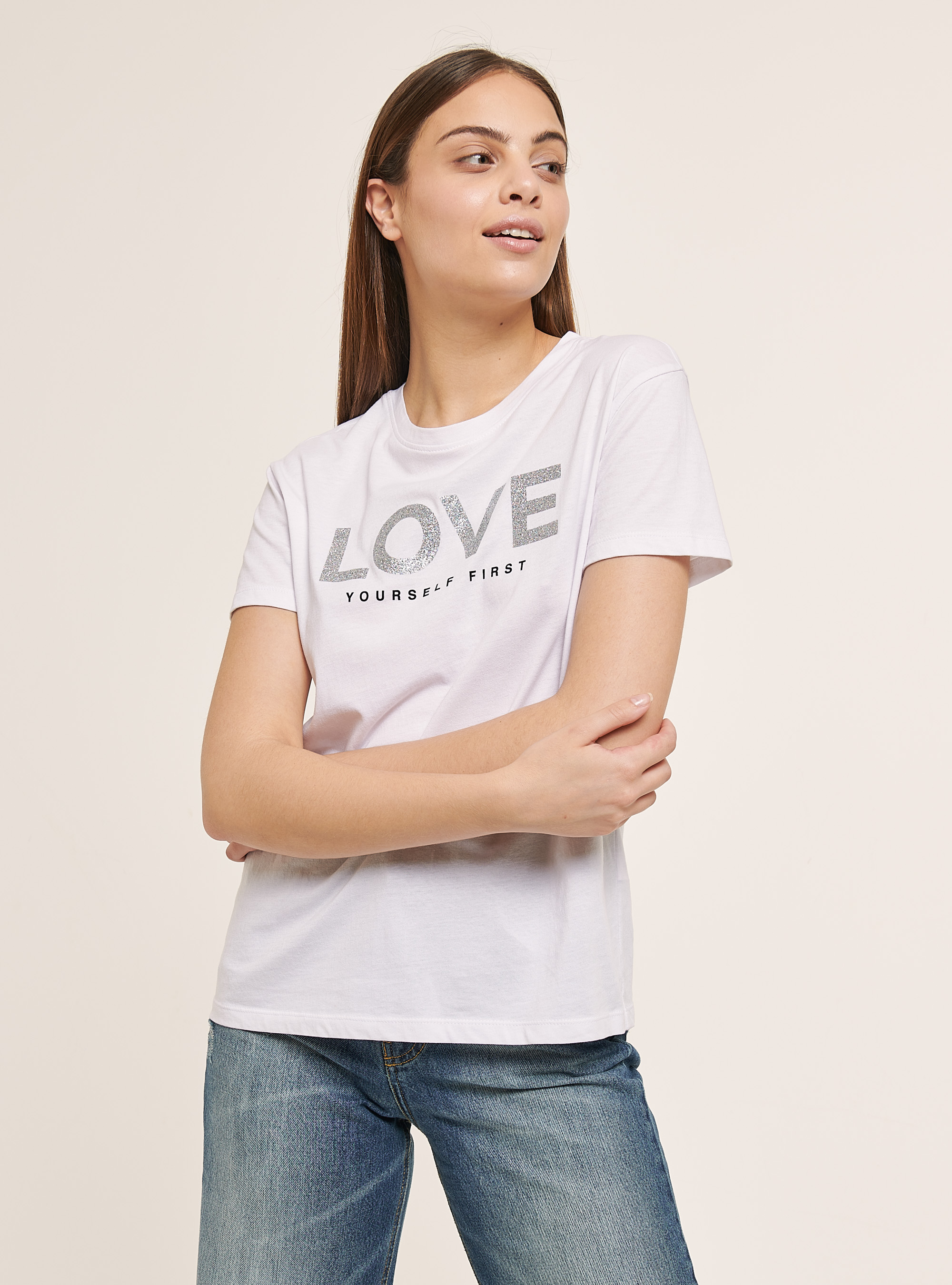 Cotton T-shirt with glitter print, WHITE