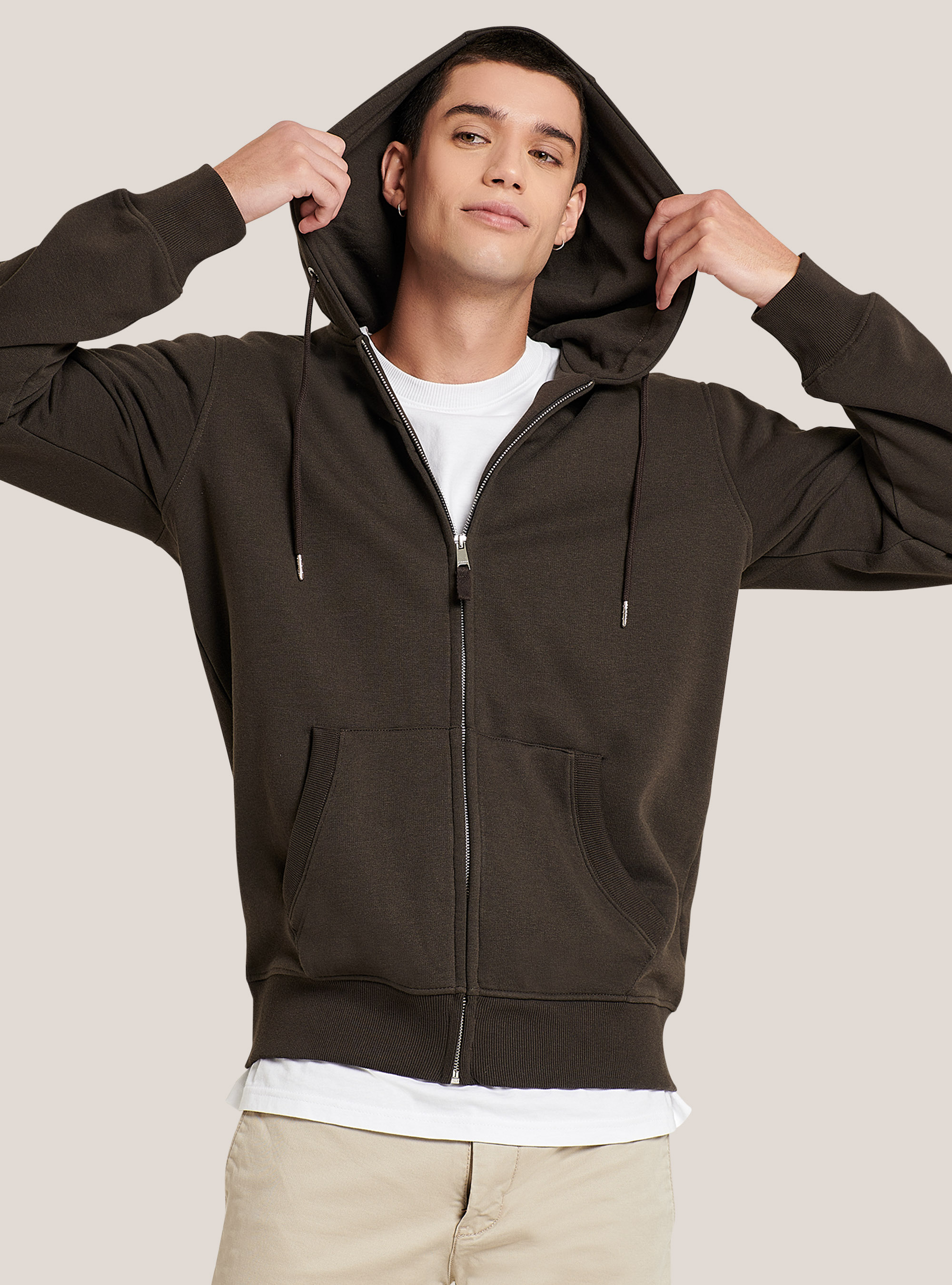 Sweat-shirt basique en coton avec capuche et fermeture éclair, C0569 FANGO