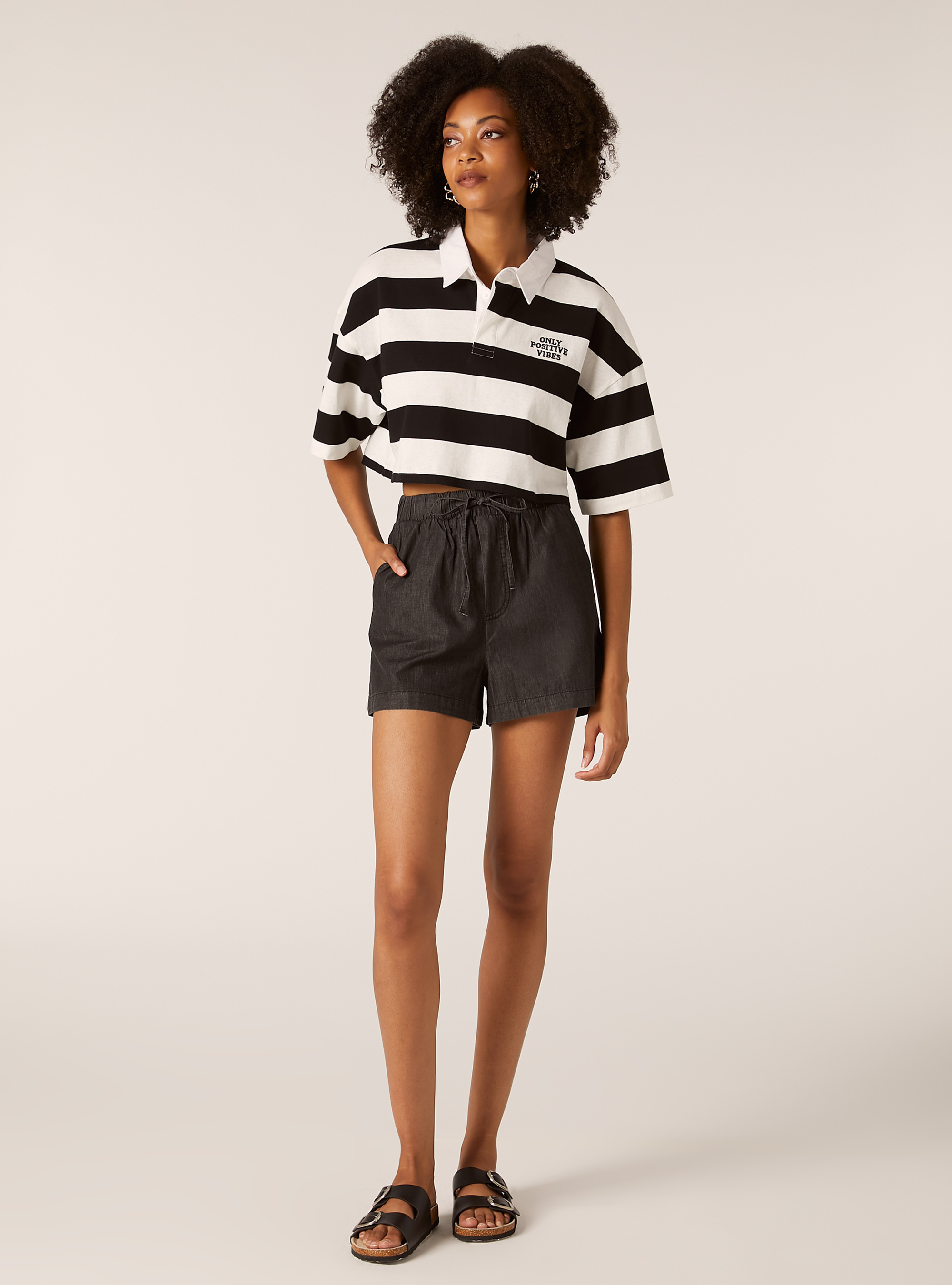Striped cropped polo shirt, BK1 BLACK