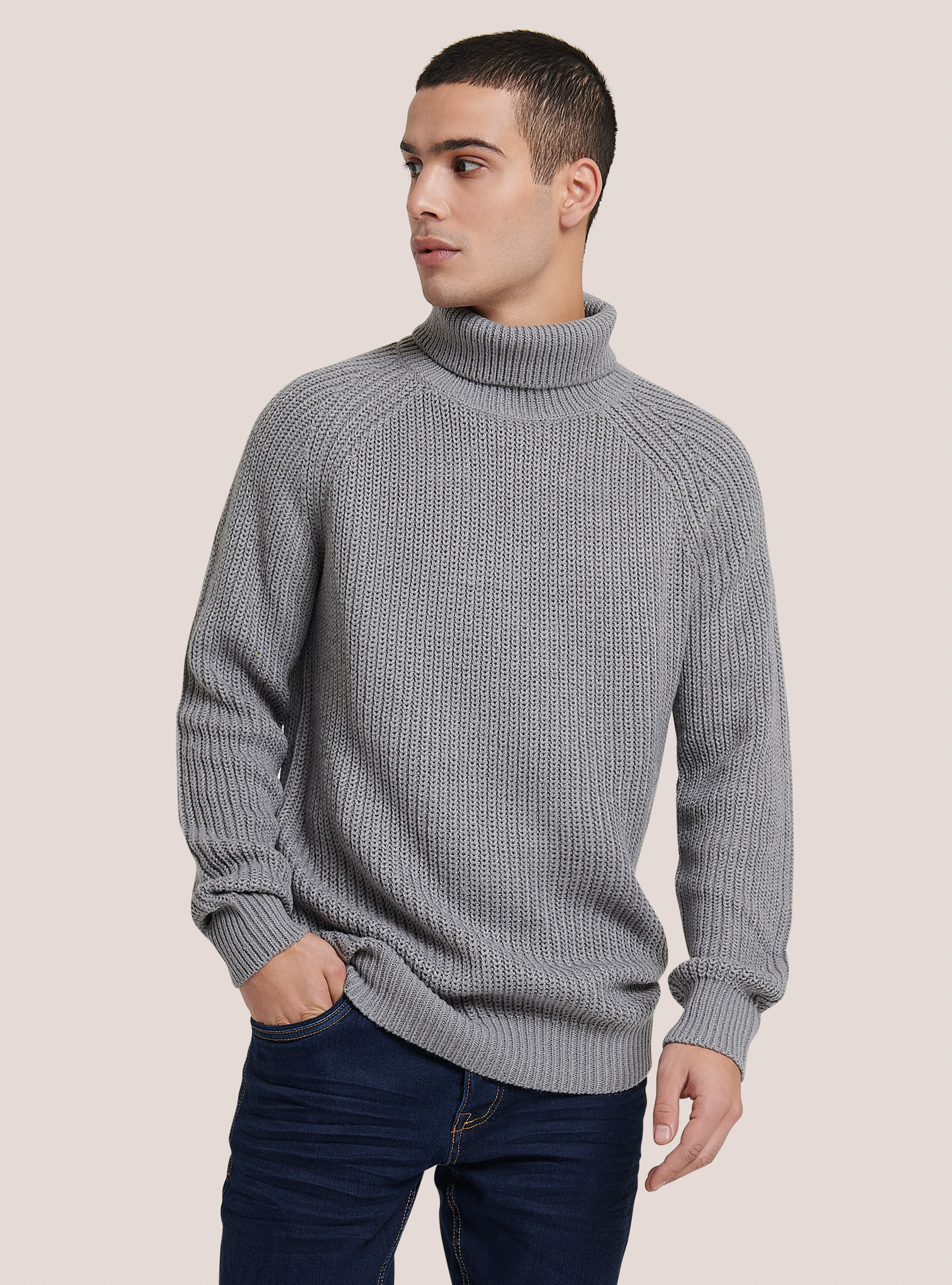 Pullover caldo collo alto a coste inglesi, MGY3 GREY MEL LIGHT