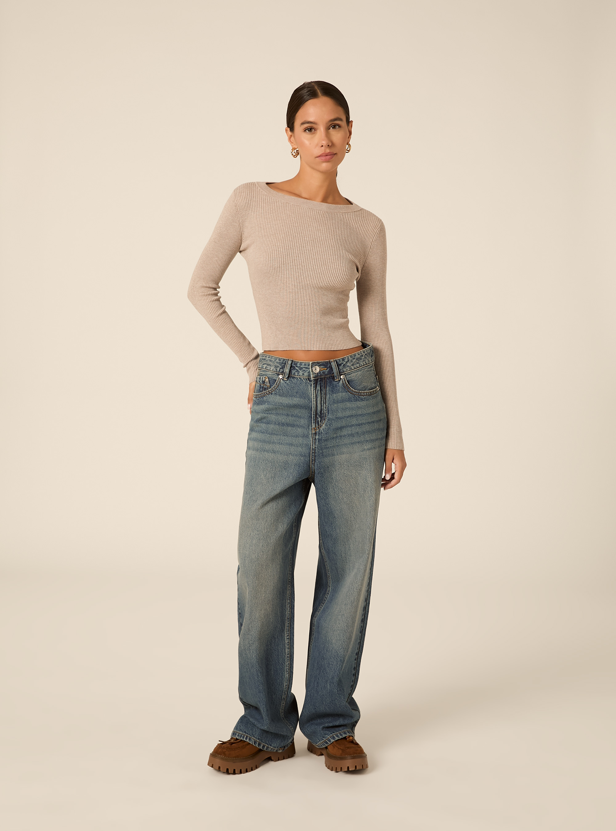 Maglia girocollo a coste, MBG2 BEIGE MEL MED