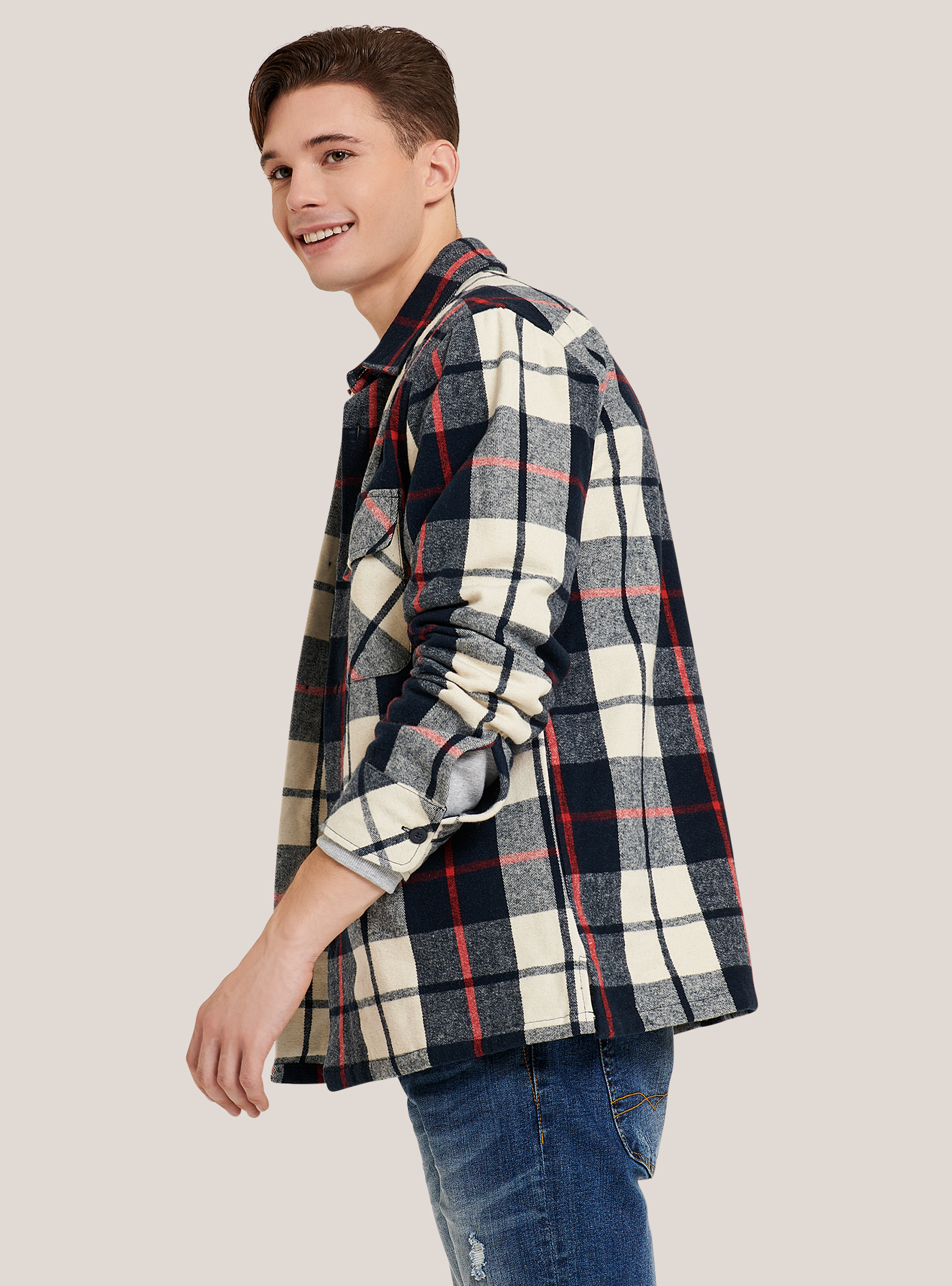 Giacca camicia a quadri, BIANCO