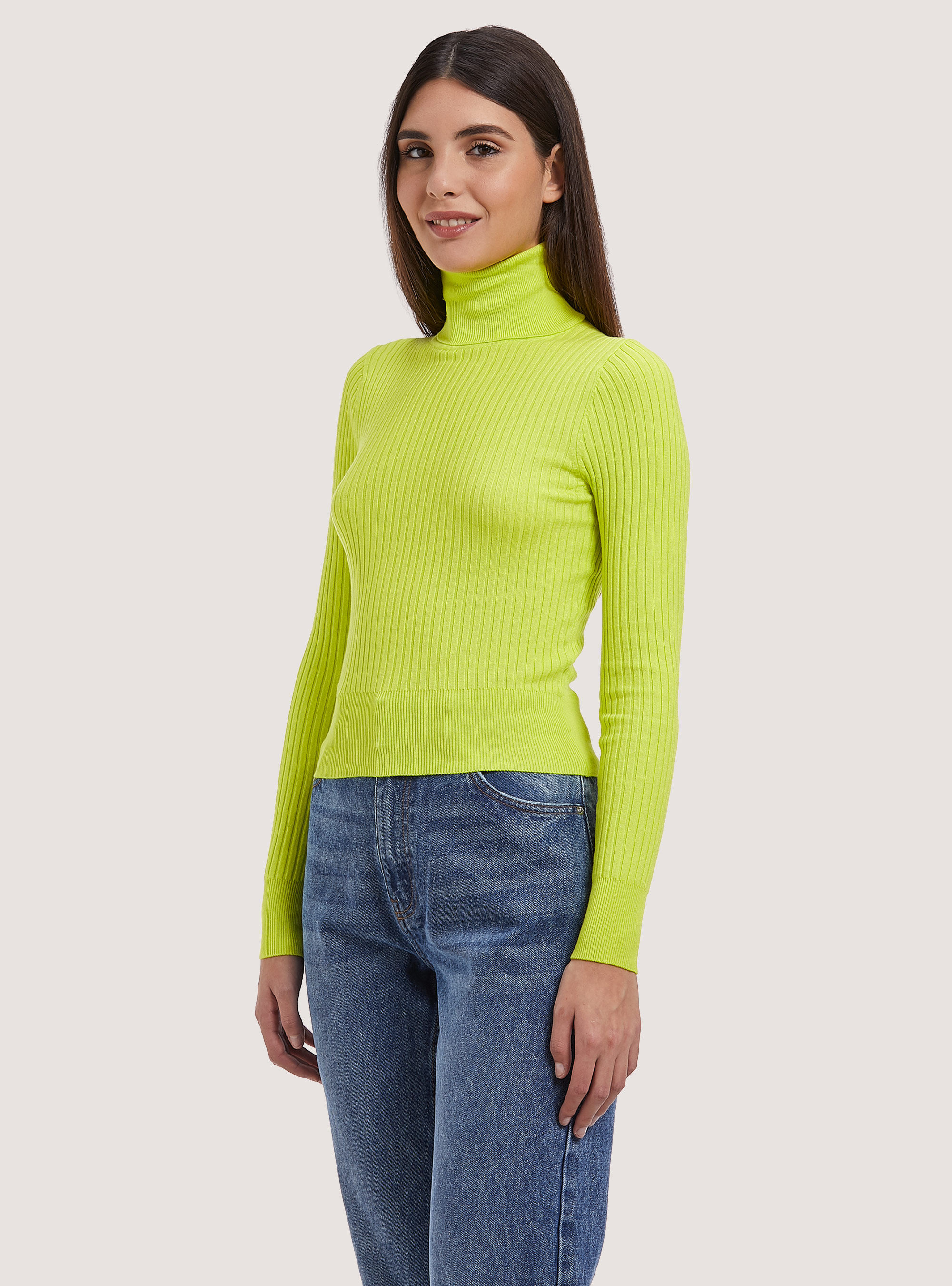 Pullover cropped a collo alto a coste, GC2 ACID GREEN MEDIUM