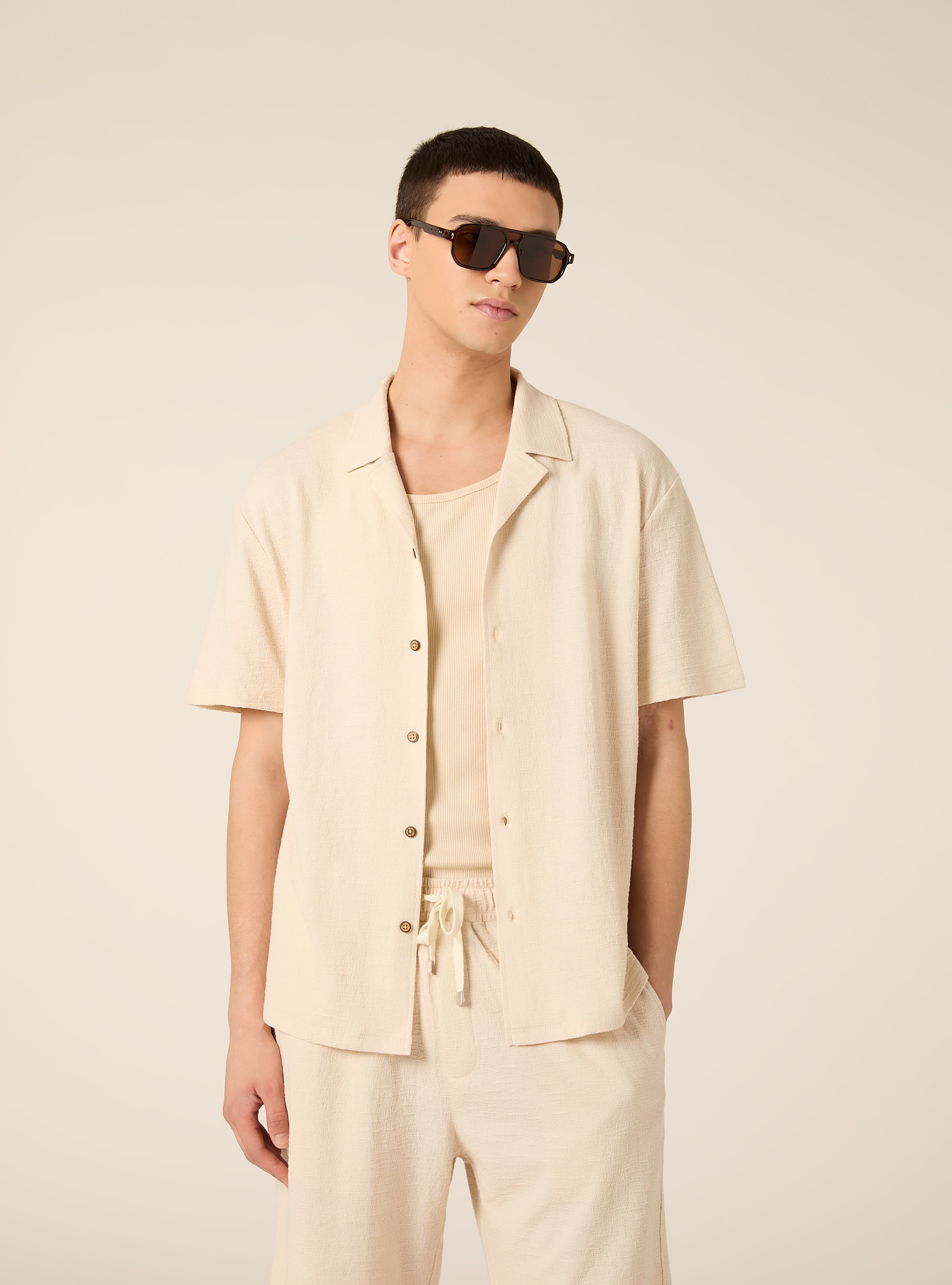 Camicia bowling in jersey texture regular fit, BG2 BEIGE MEDIUM