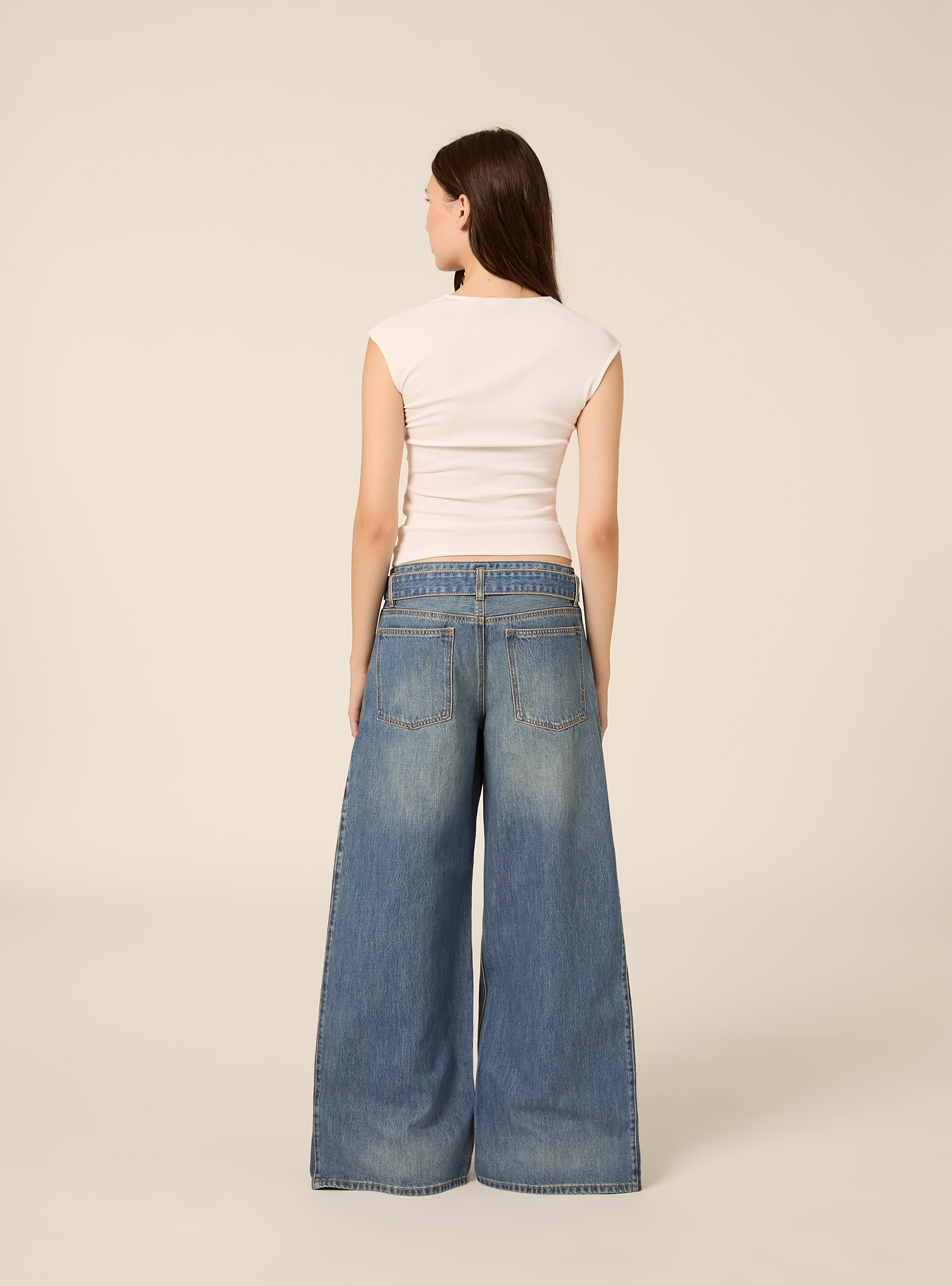 Vaqueros palazzo wide leg de talle bajo con abertura lateral, D004 MEDIUM LIGHT BLUE