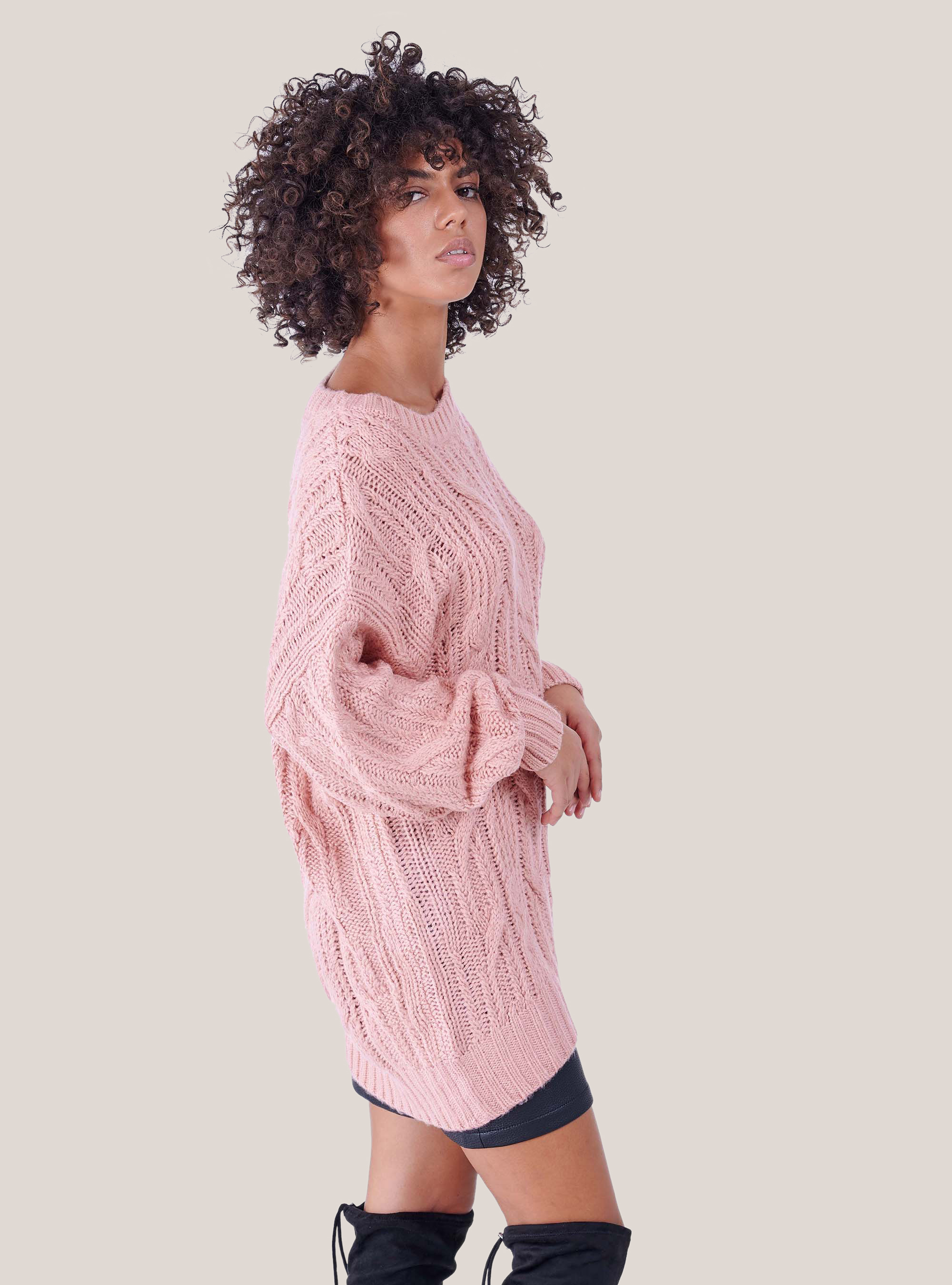 CREWNECK SWEATER  WITH BRAIDING, C501 PINK