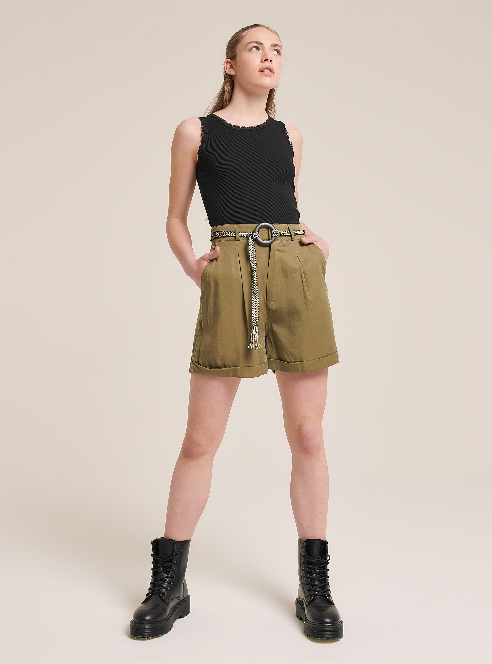 Basic cotton tank top with lace trim, BLACK