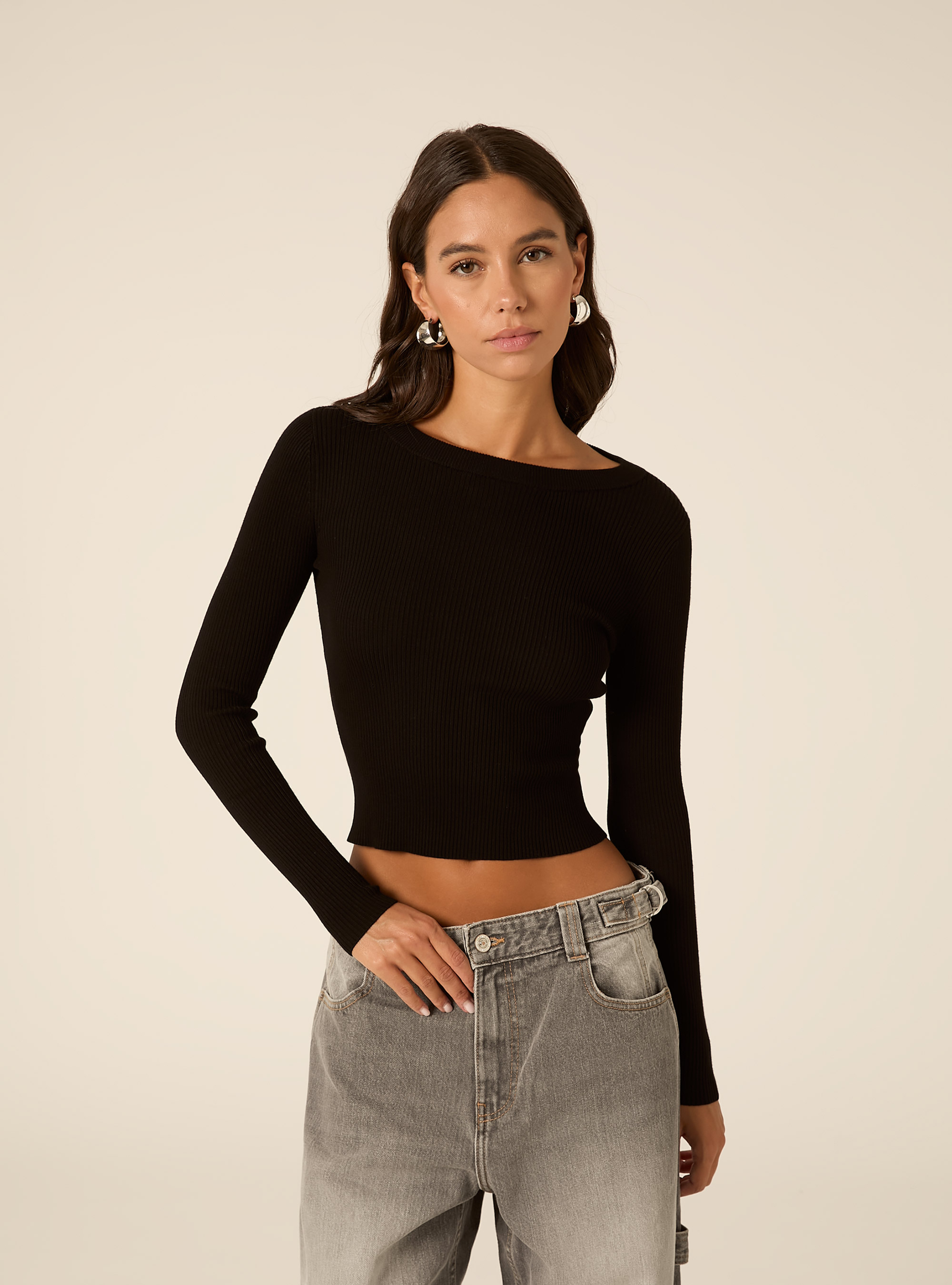 Maglia girocollo a coste, BK1 BLACK