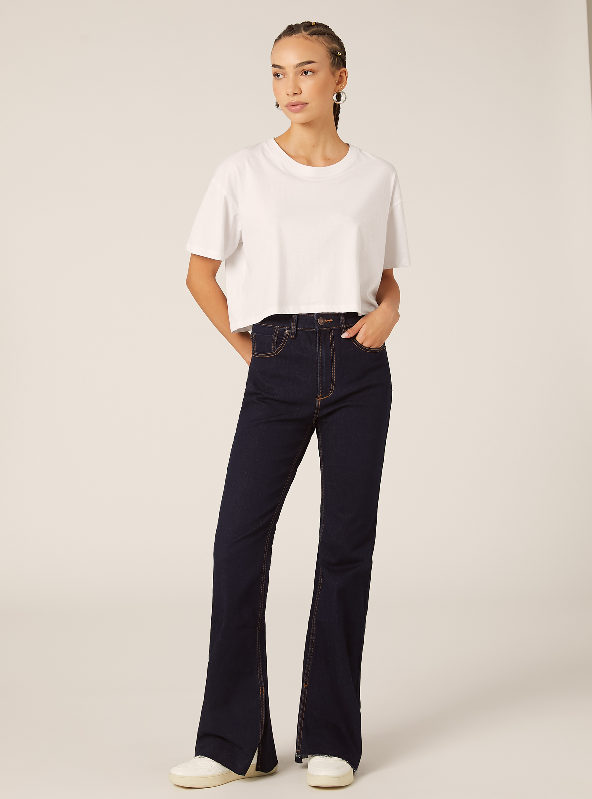 High-waisted flare jeans, D001 DEEP BLUE