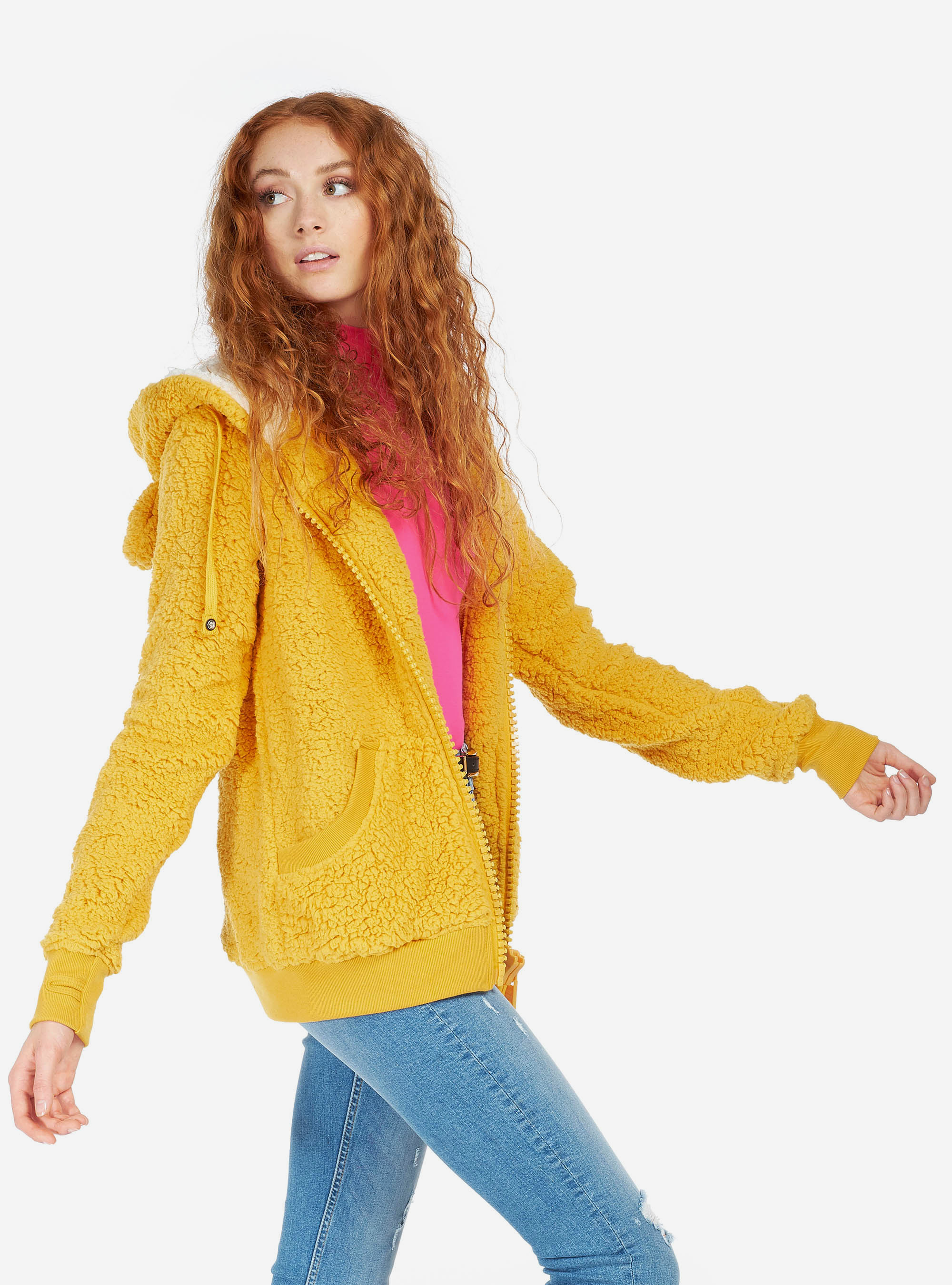 Hooded sweatshirt with faux fur ears, MUSTARD