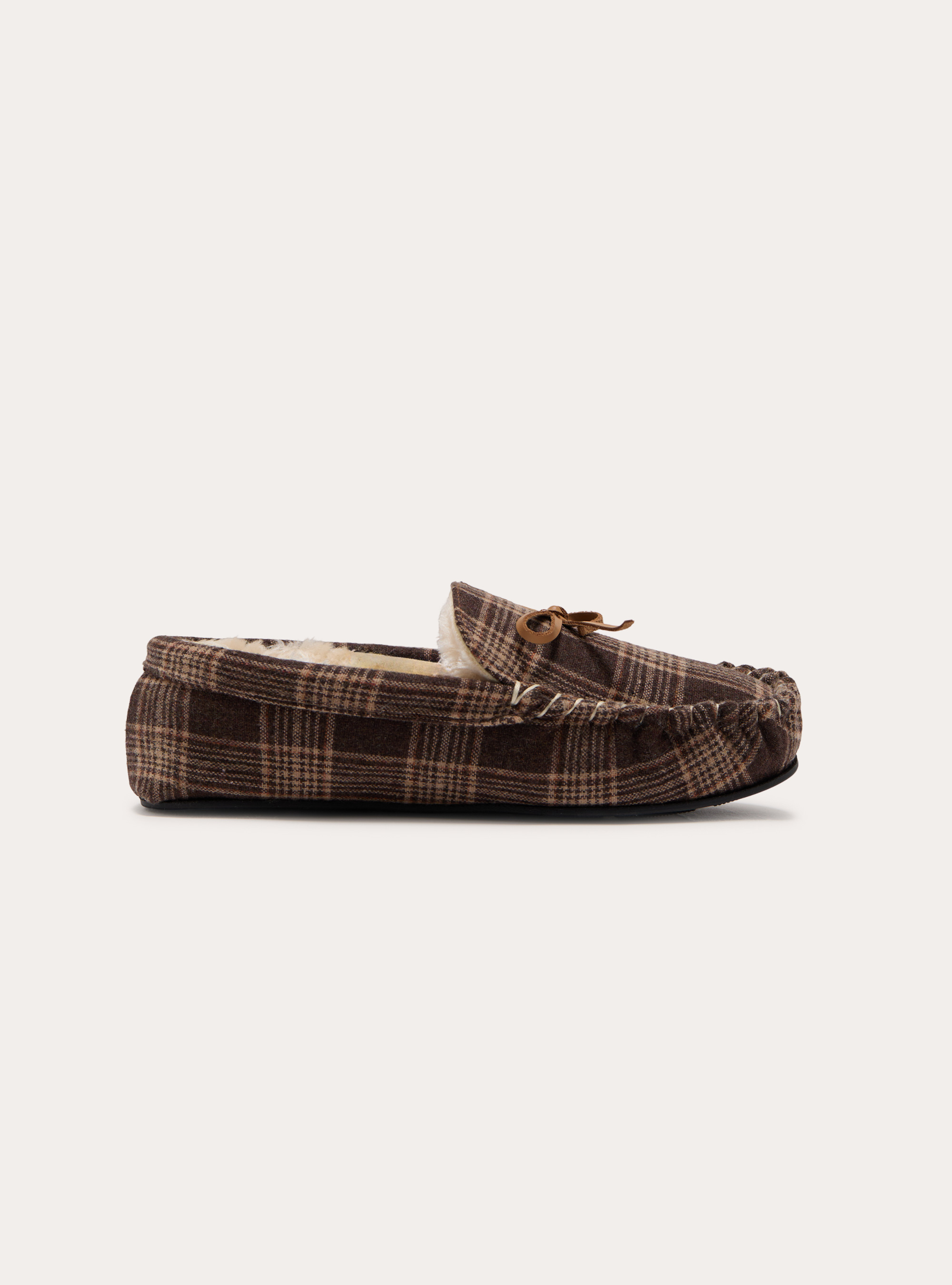 Check moccasin slipper with leather bow, QUADRI MARRONE