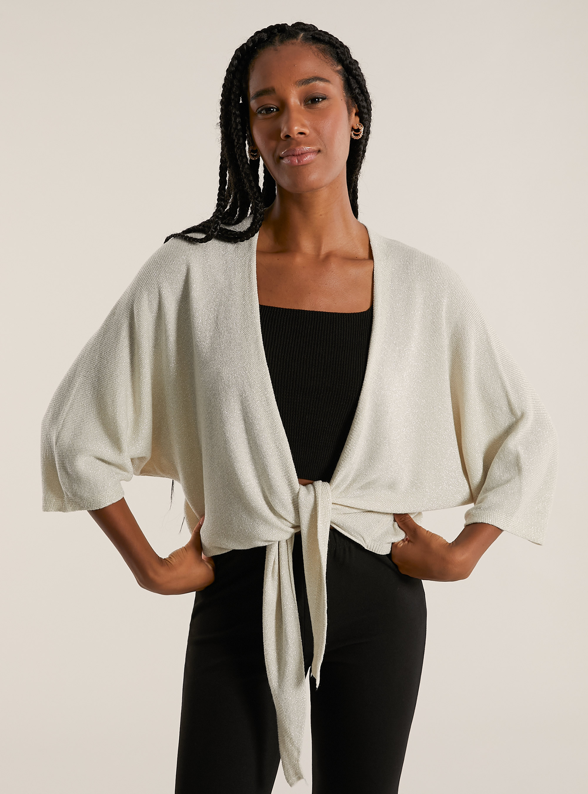 Cardigan lurex aperto con nodo, BG2 BEIGE MEDIUM