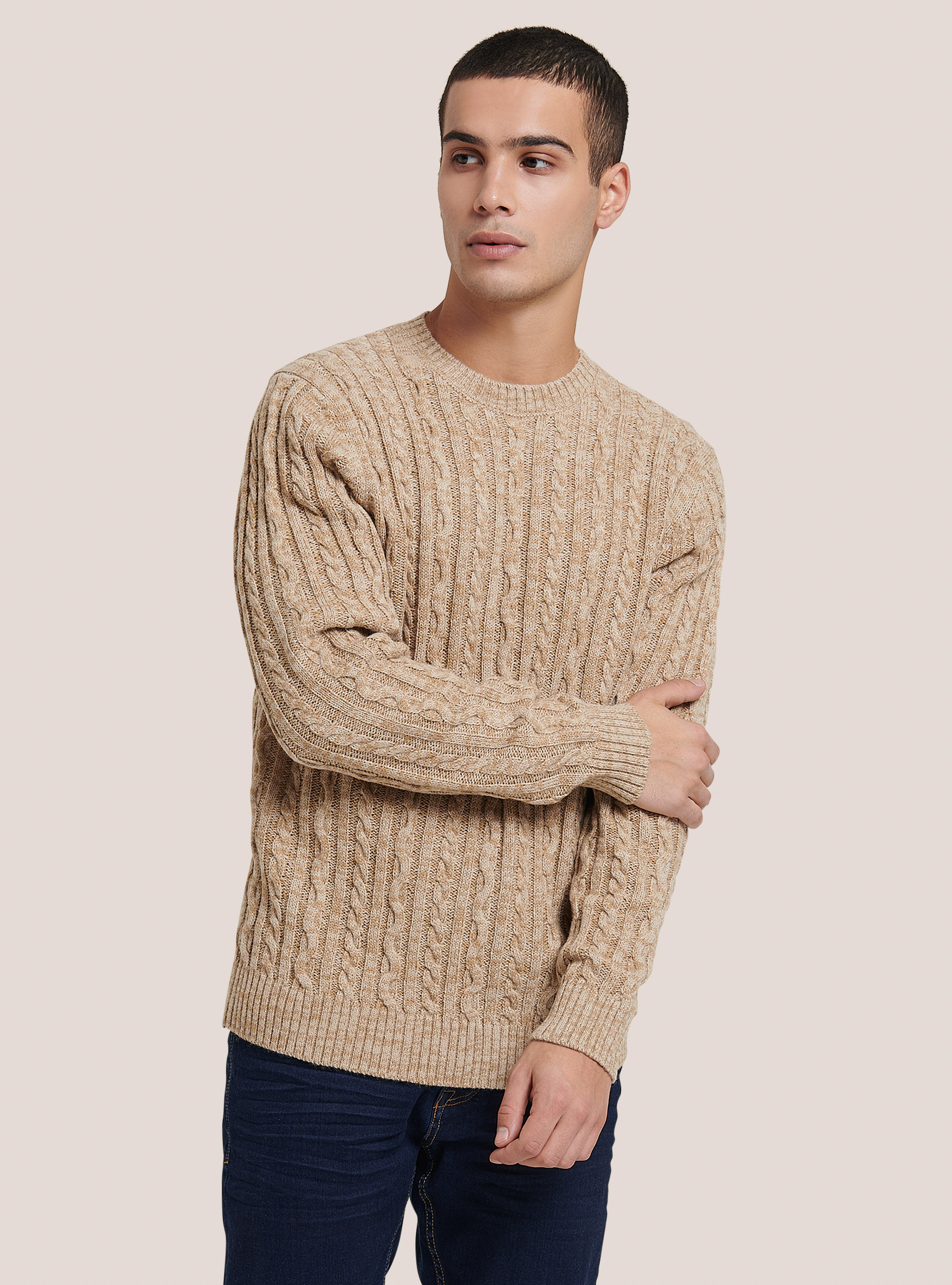 Pull &agrave; col ras du cou avec tresses, MBG2 BEIGE MEL MED