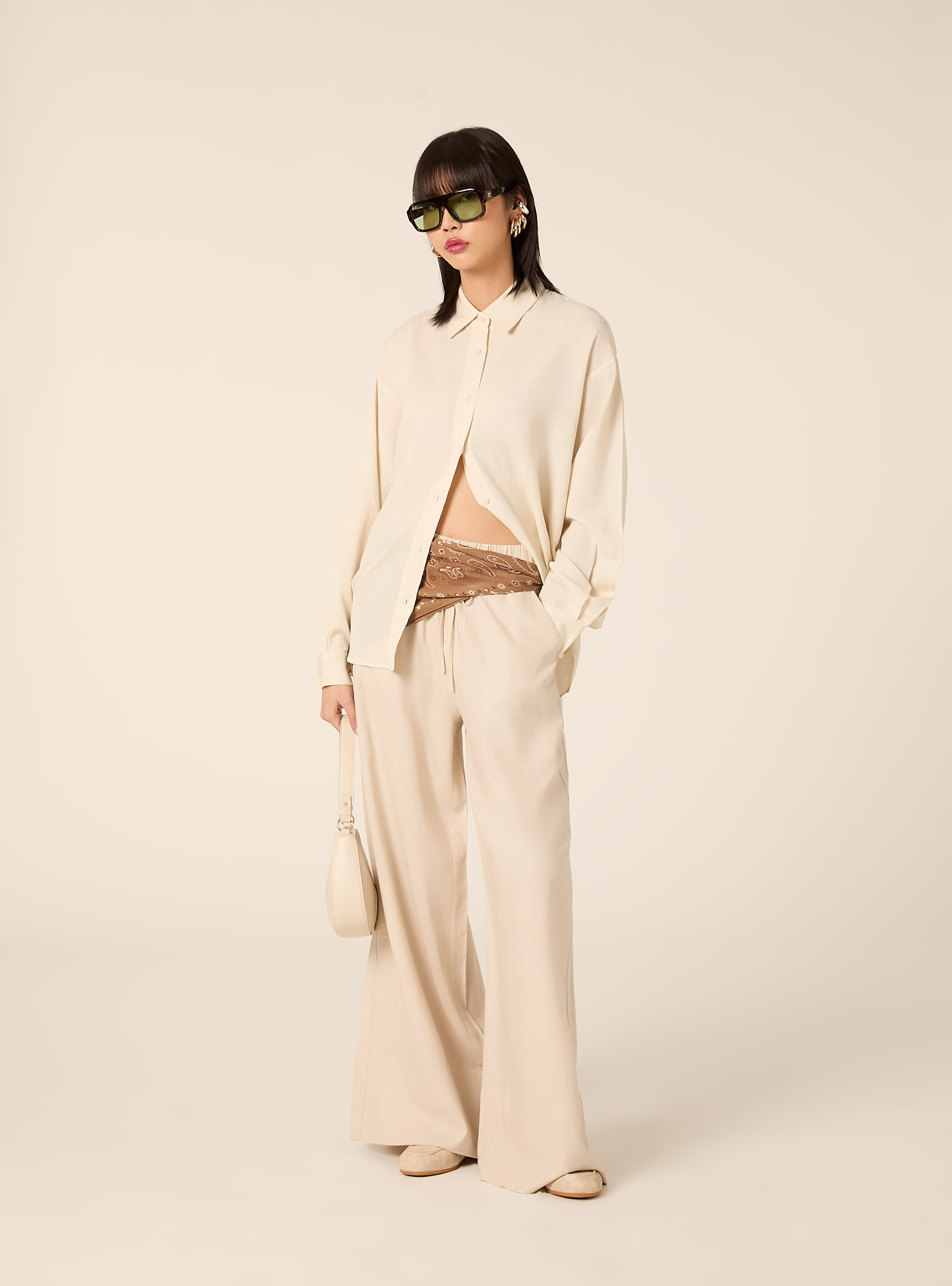 Camicia in misto lino tinta unita, CR2 CREAM MEDIUM