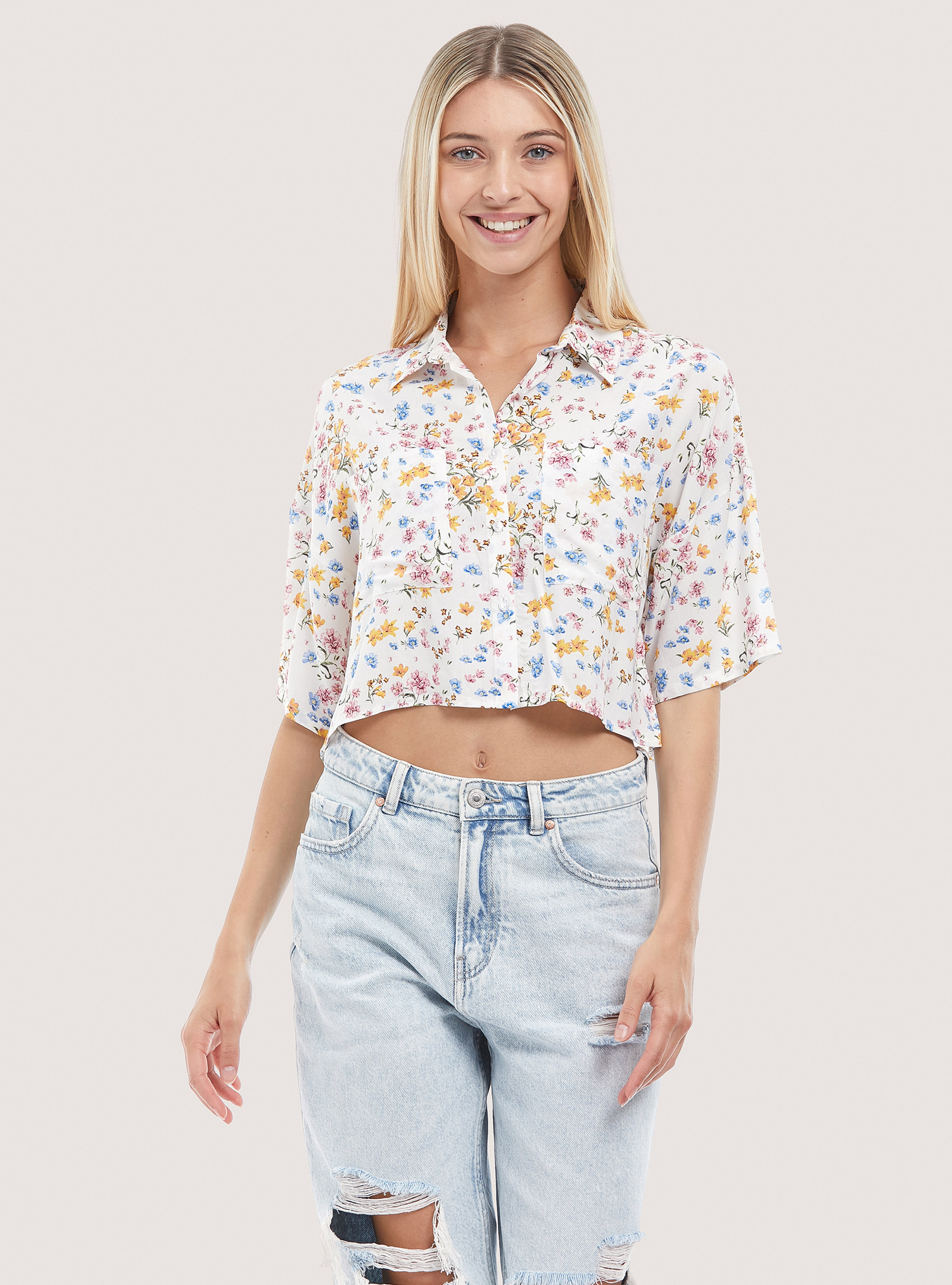 Cropped shirt with print, MULTICOLOR