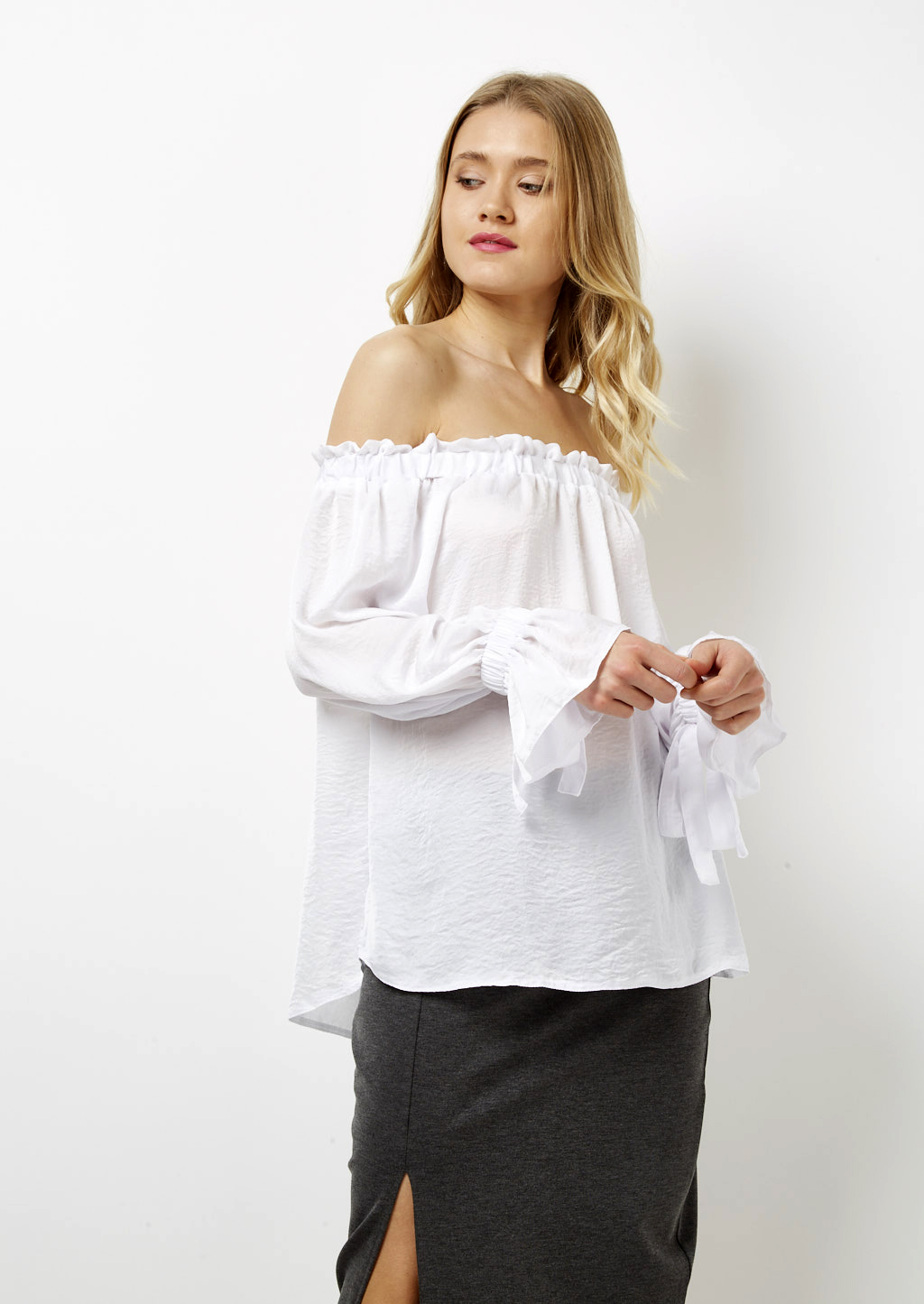 Blusa con scollo bardot, BLANCO