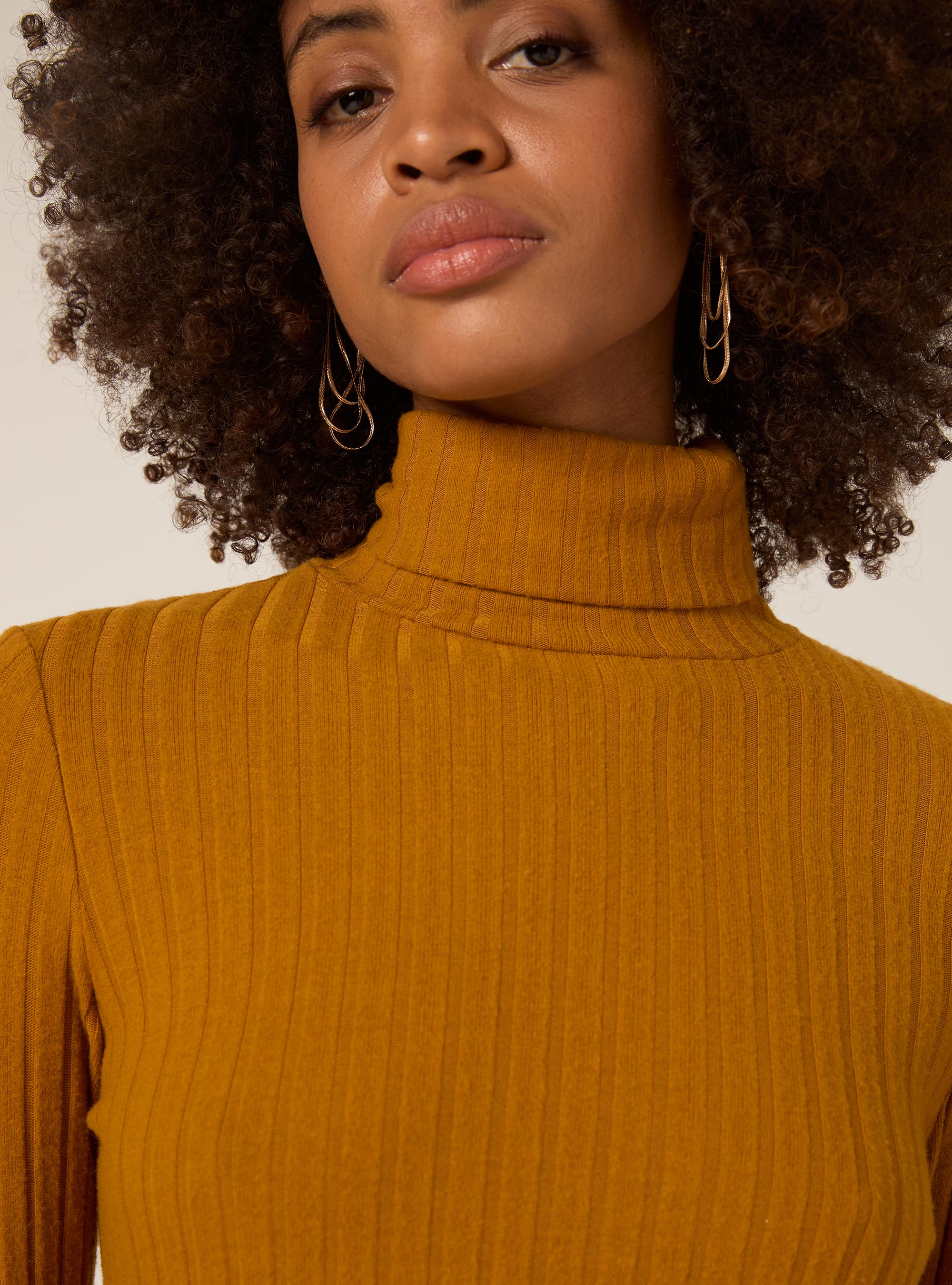 SHORT DRESS WITH HIGH RIBBED COLLAR, MUSTARD