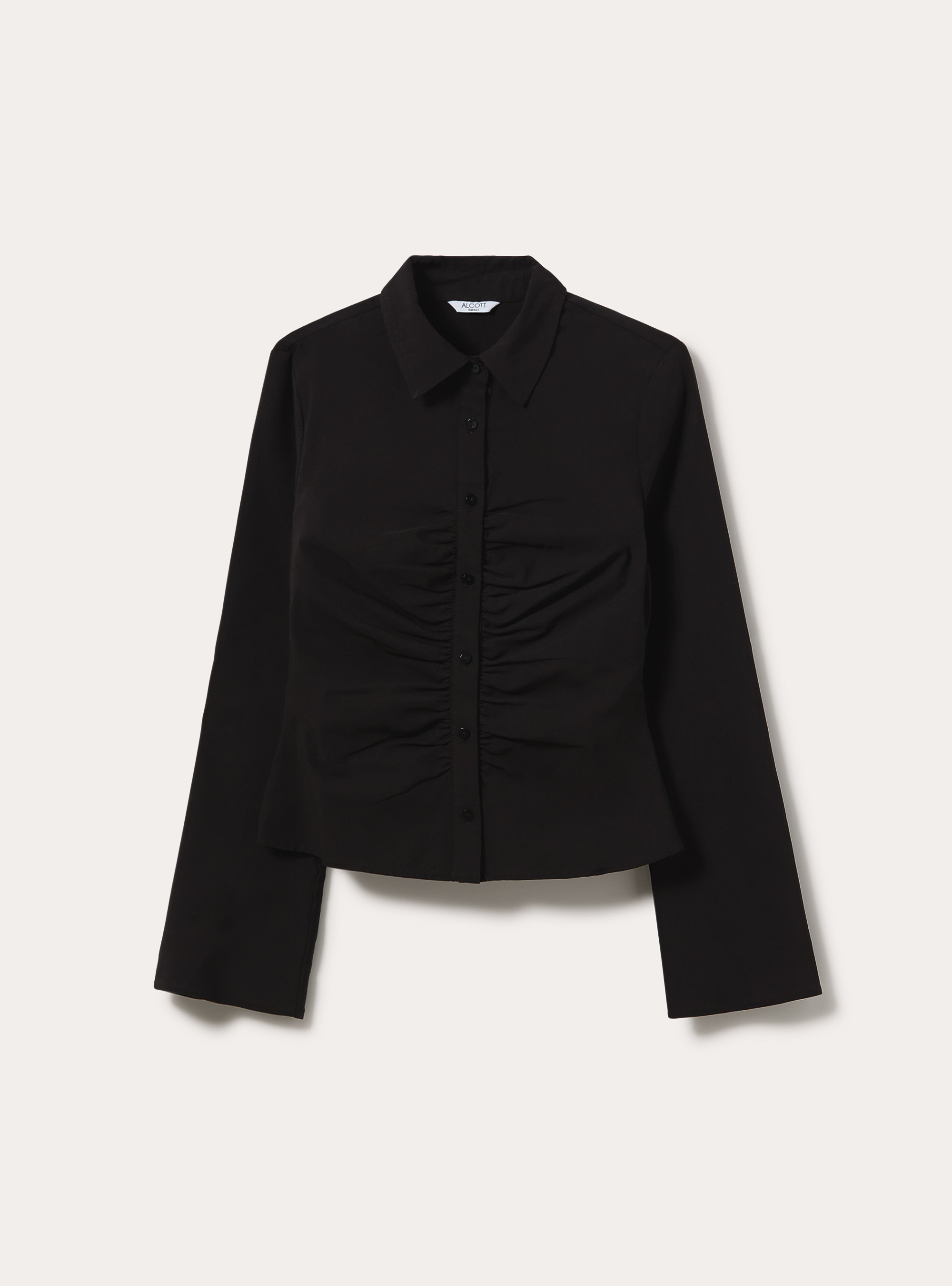 Camisa de manga larga fruncida en el delantero, BK1 BLACK