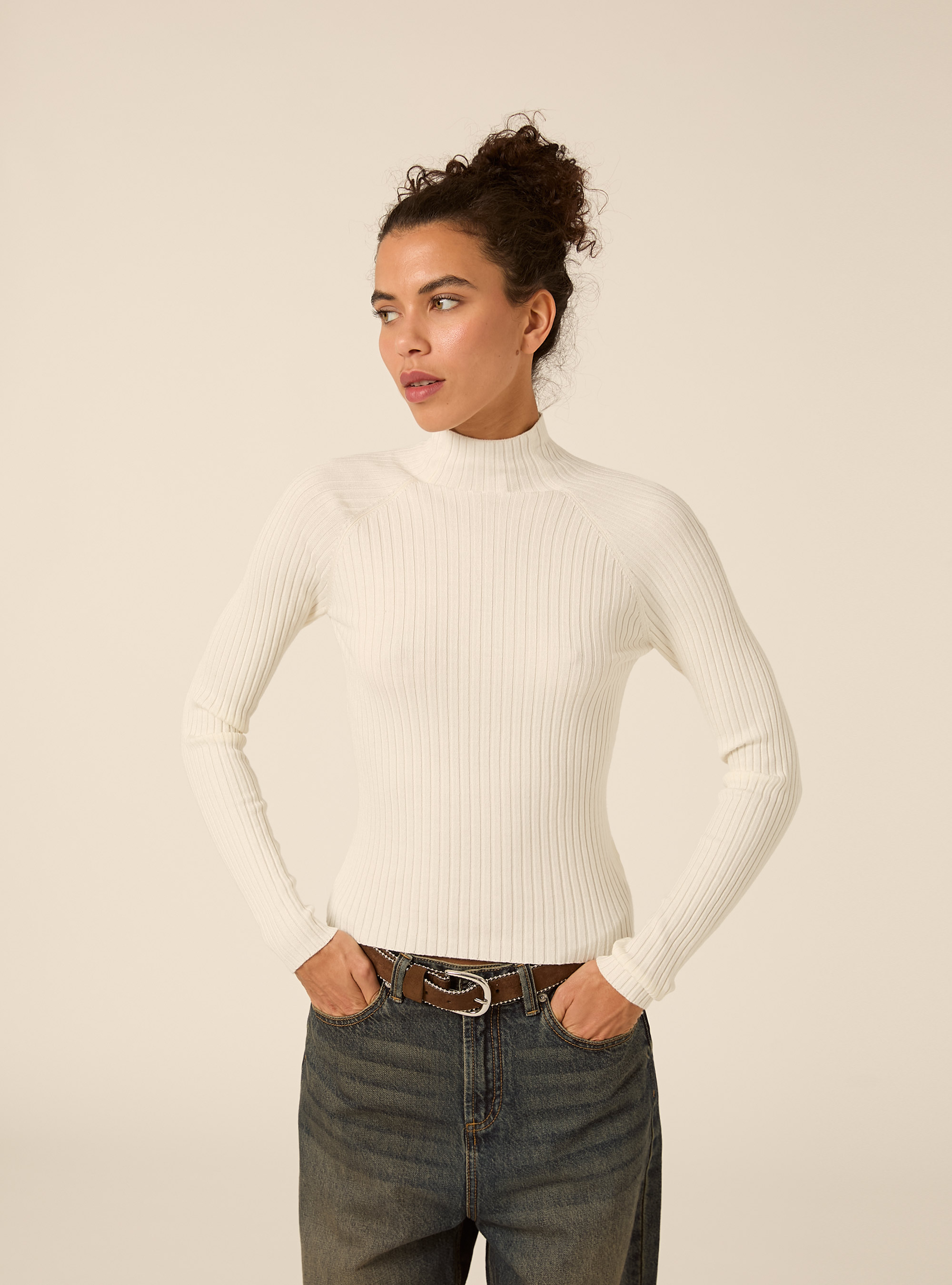 Ribbed mock neck jumper with raglan sleeves, WH1 OFF WHITE