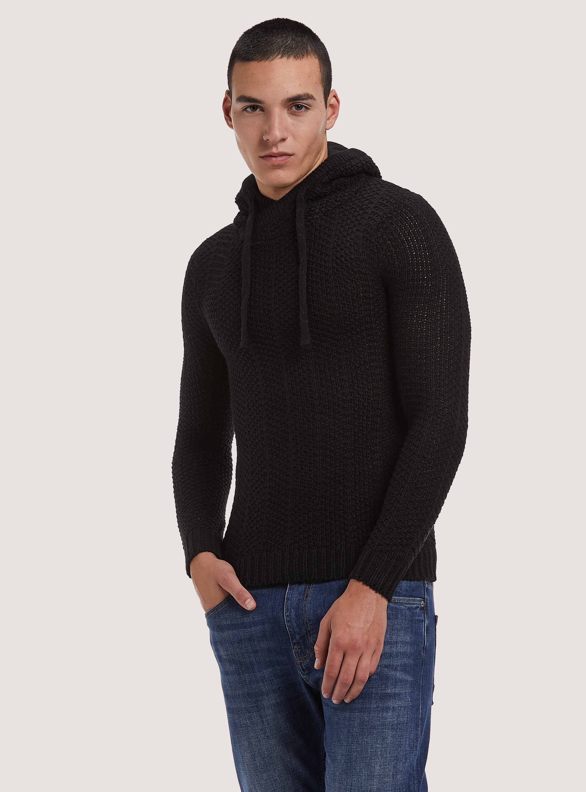 Wool blend hooded pullover, BLACK