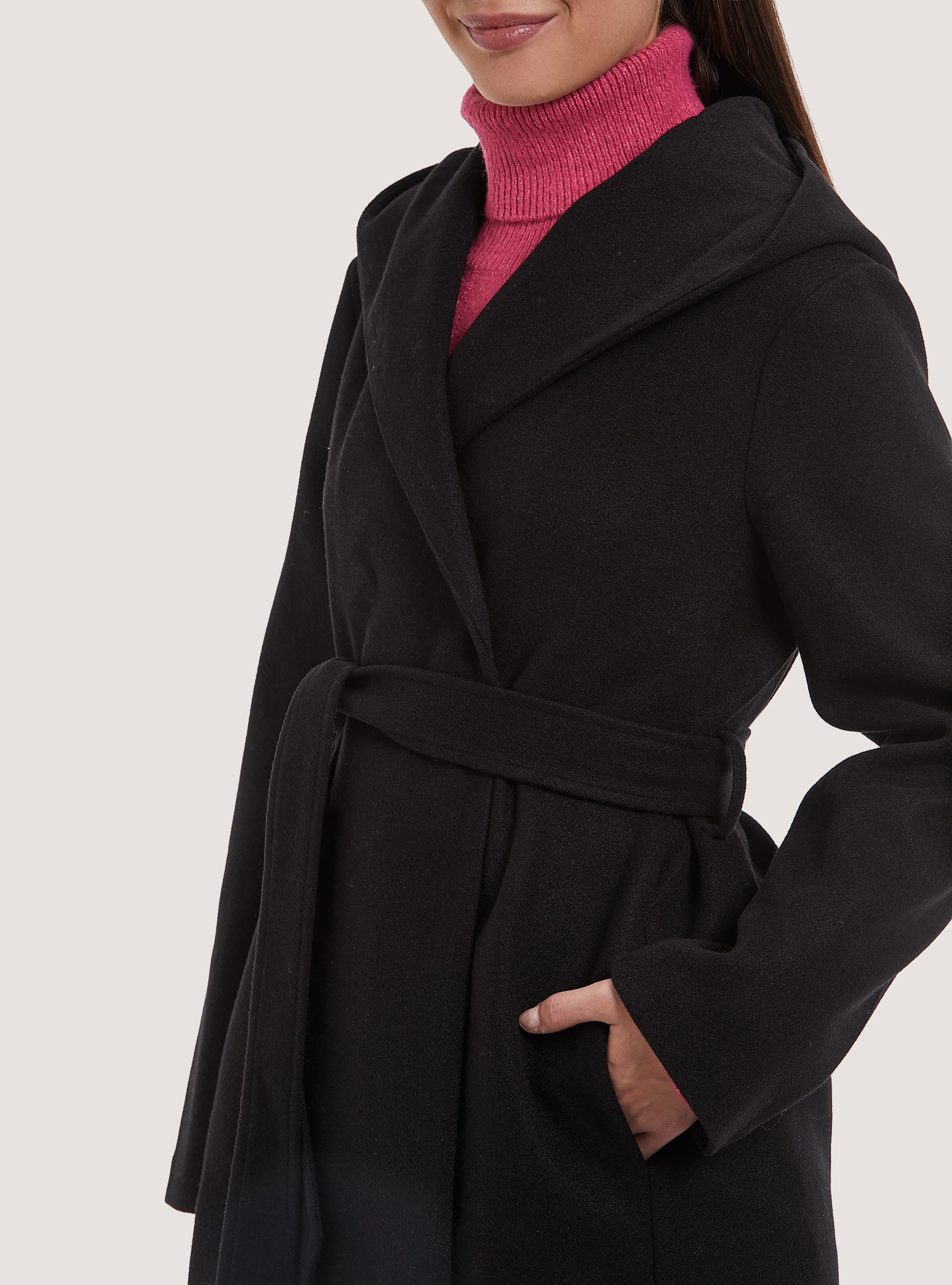 Cappotto con cappuccio e cintura, BK1 BLACK
