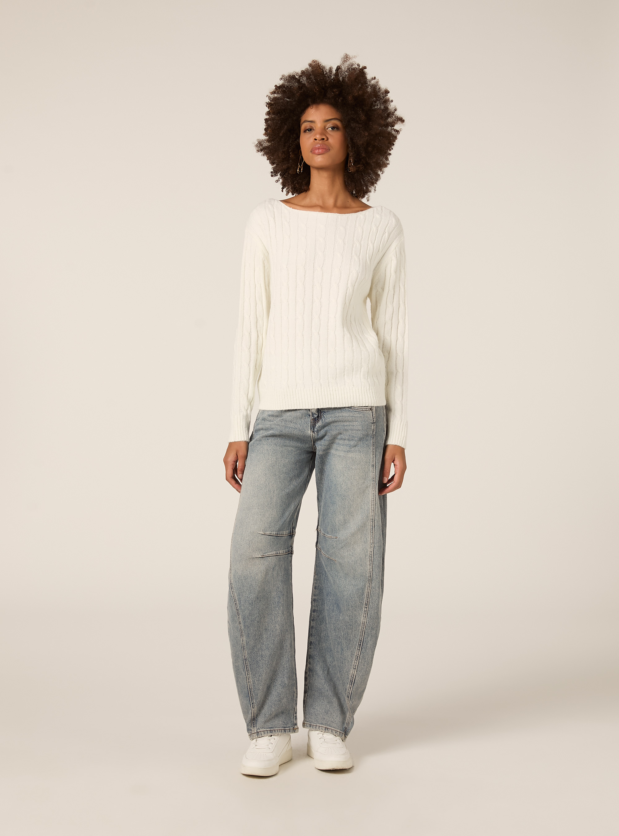 Maglia scollo barca a trecce, WH2 WHITE