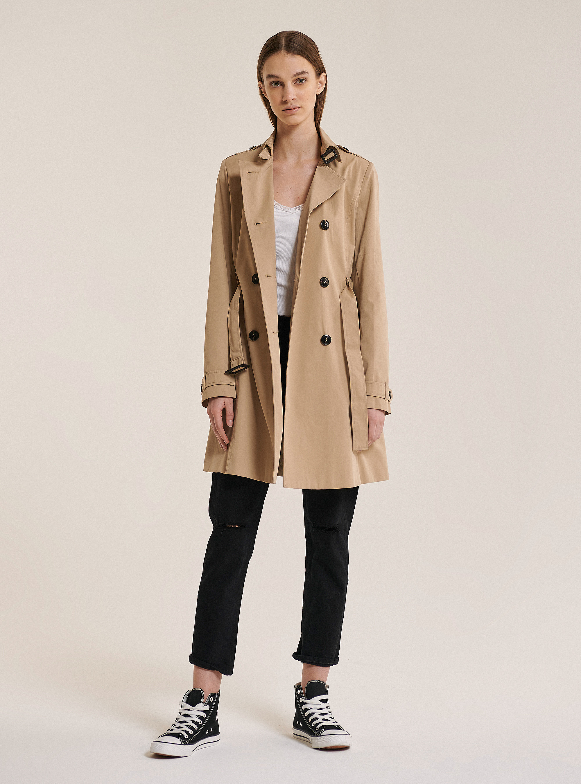 Trench con cintura, BEIGE