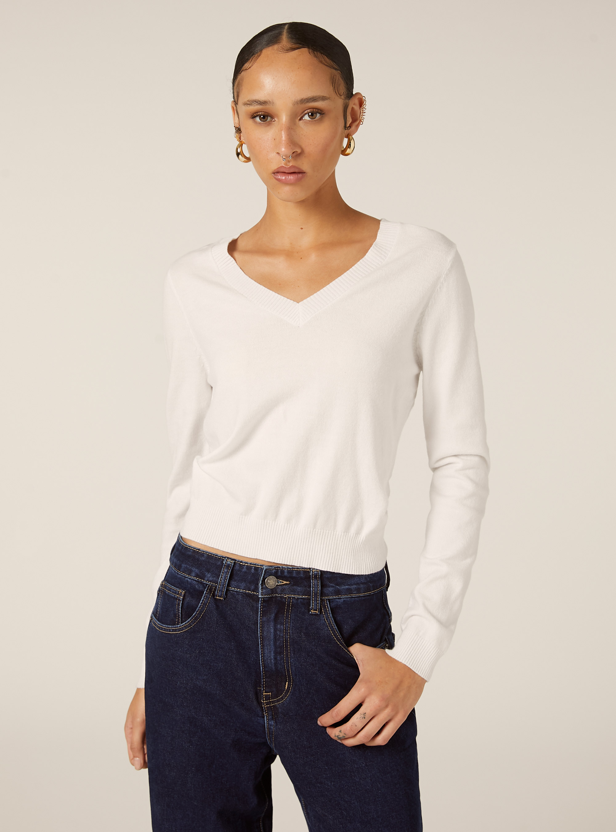 Boxy fit V-neck pullover, WH2 WHITE