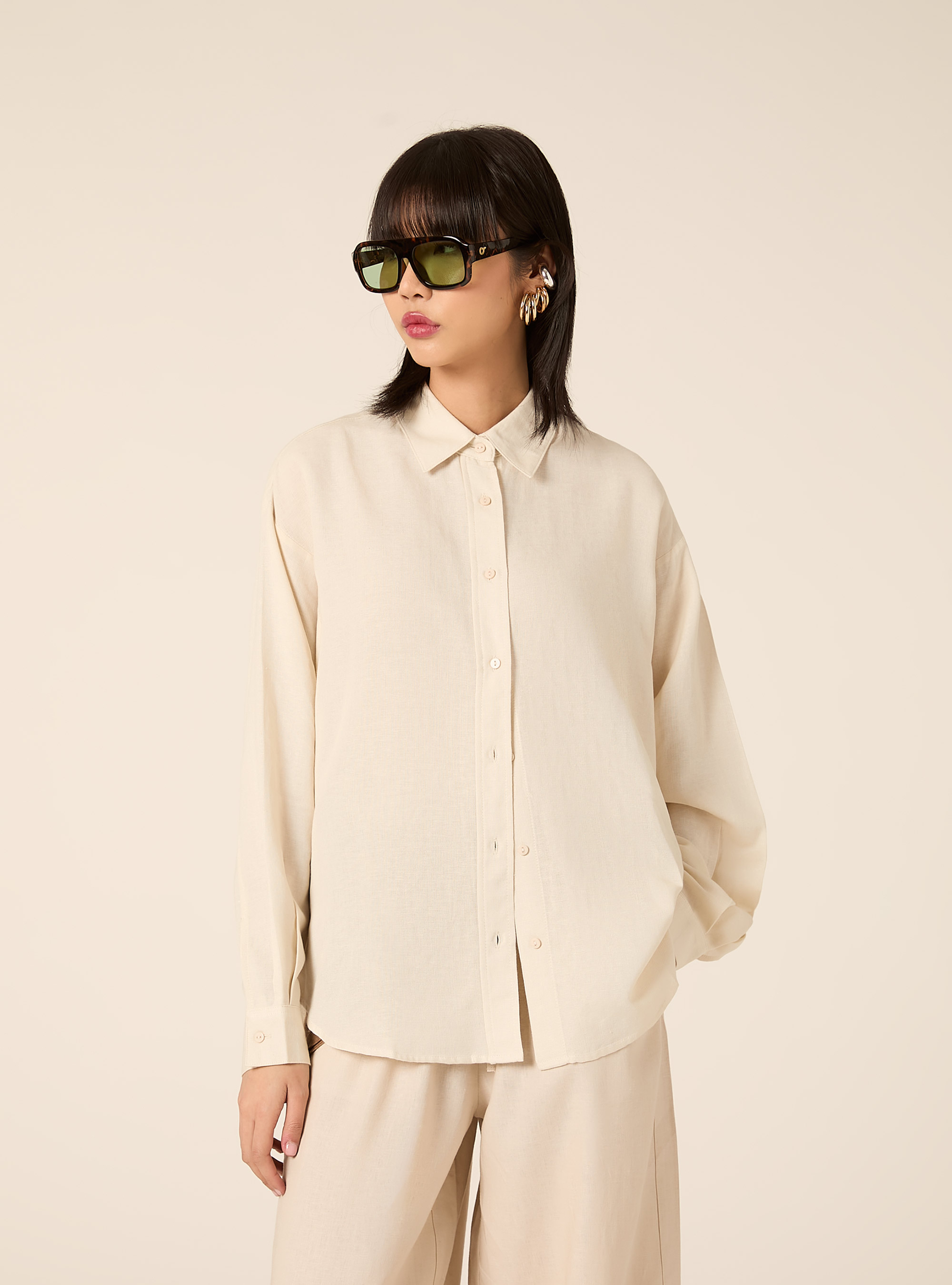 Camicia in misto lino tinta unita, CR2 CREAM MEDIUM