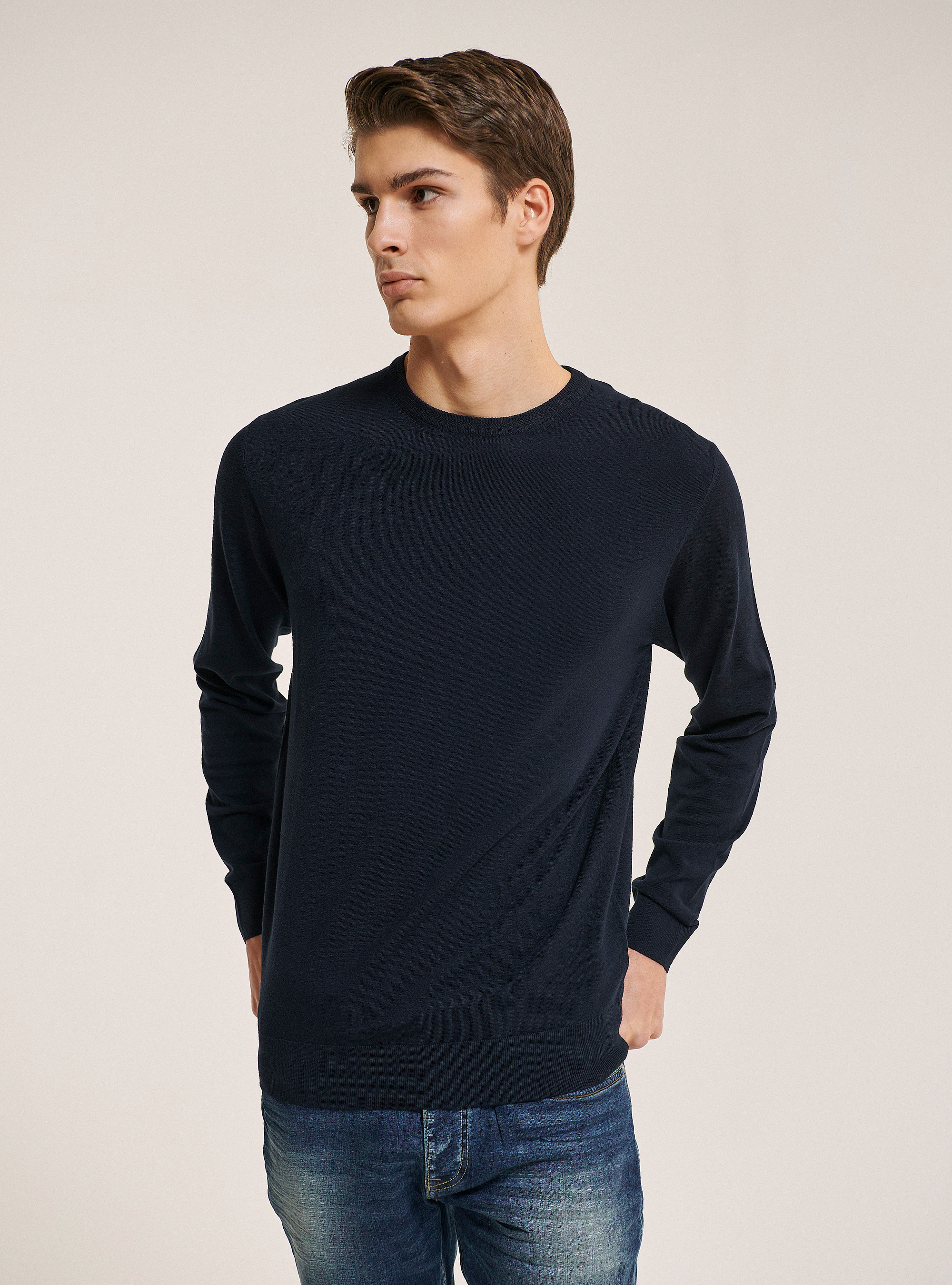 Jersey de cuello redondo de color s&oacute;lido, AZUL MARINO