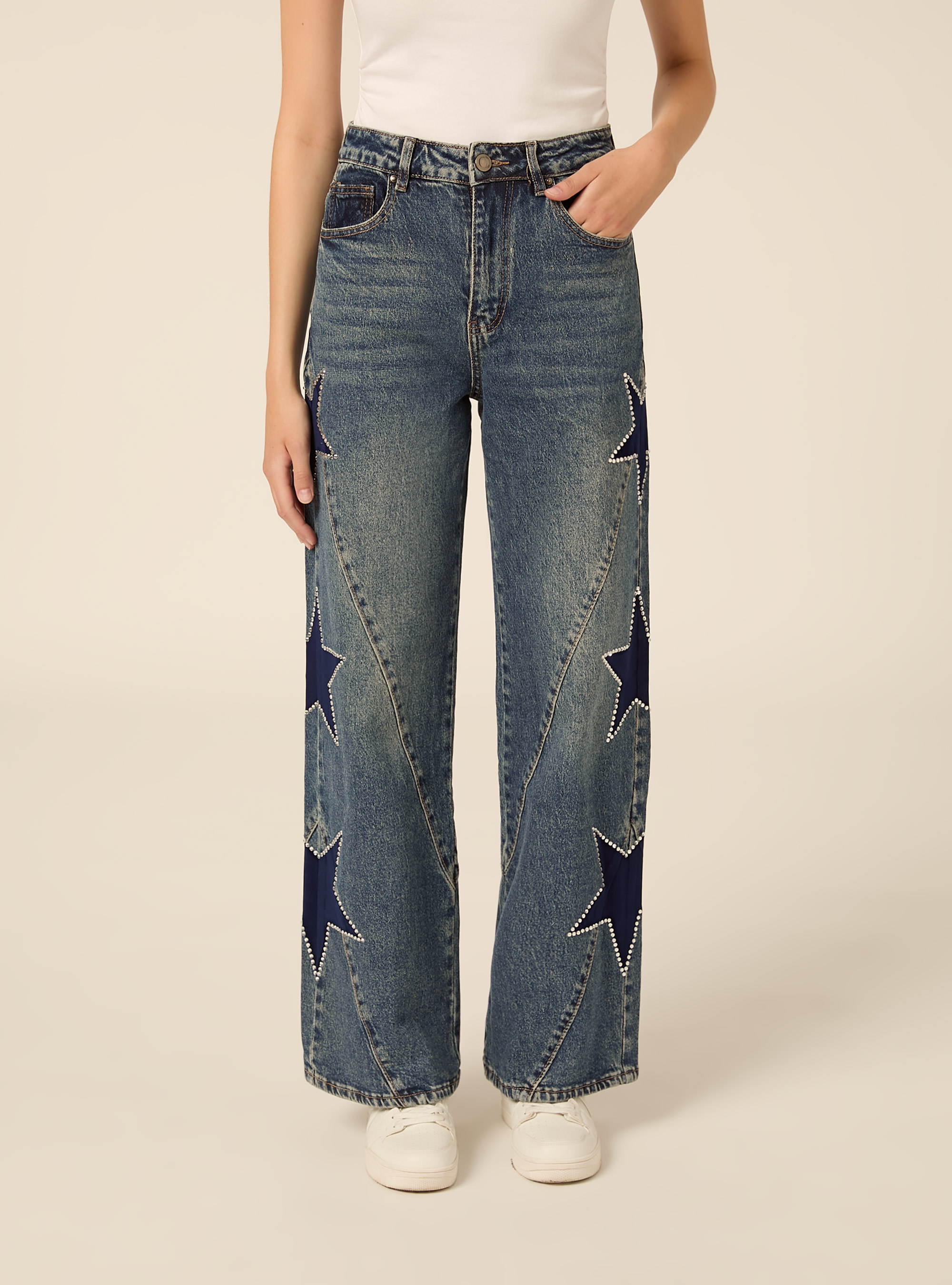 Jeans straight fit con stelle e strass, D002 MEDIUM DARK BLUE