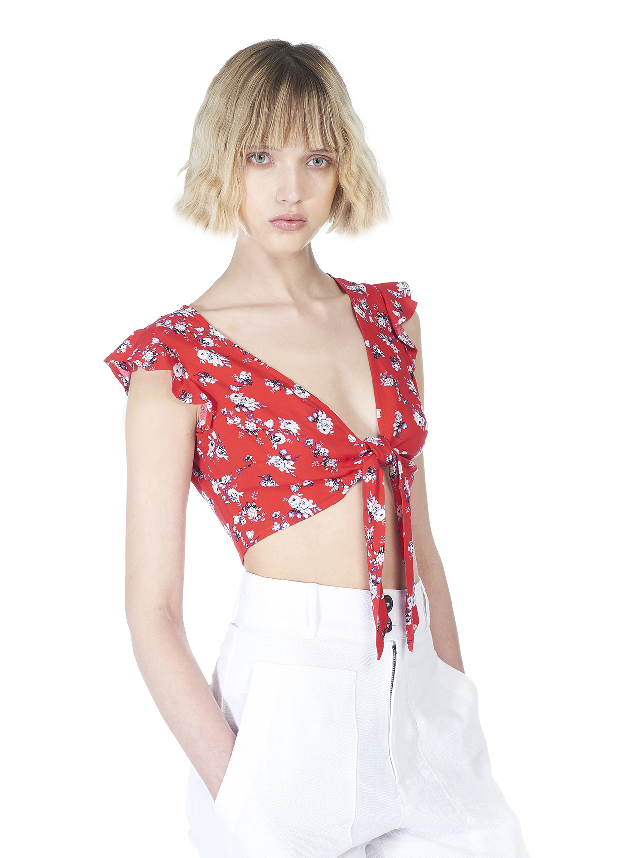 Top cropped con nodo e stampa a fiori, ROSSO