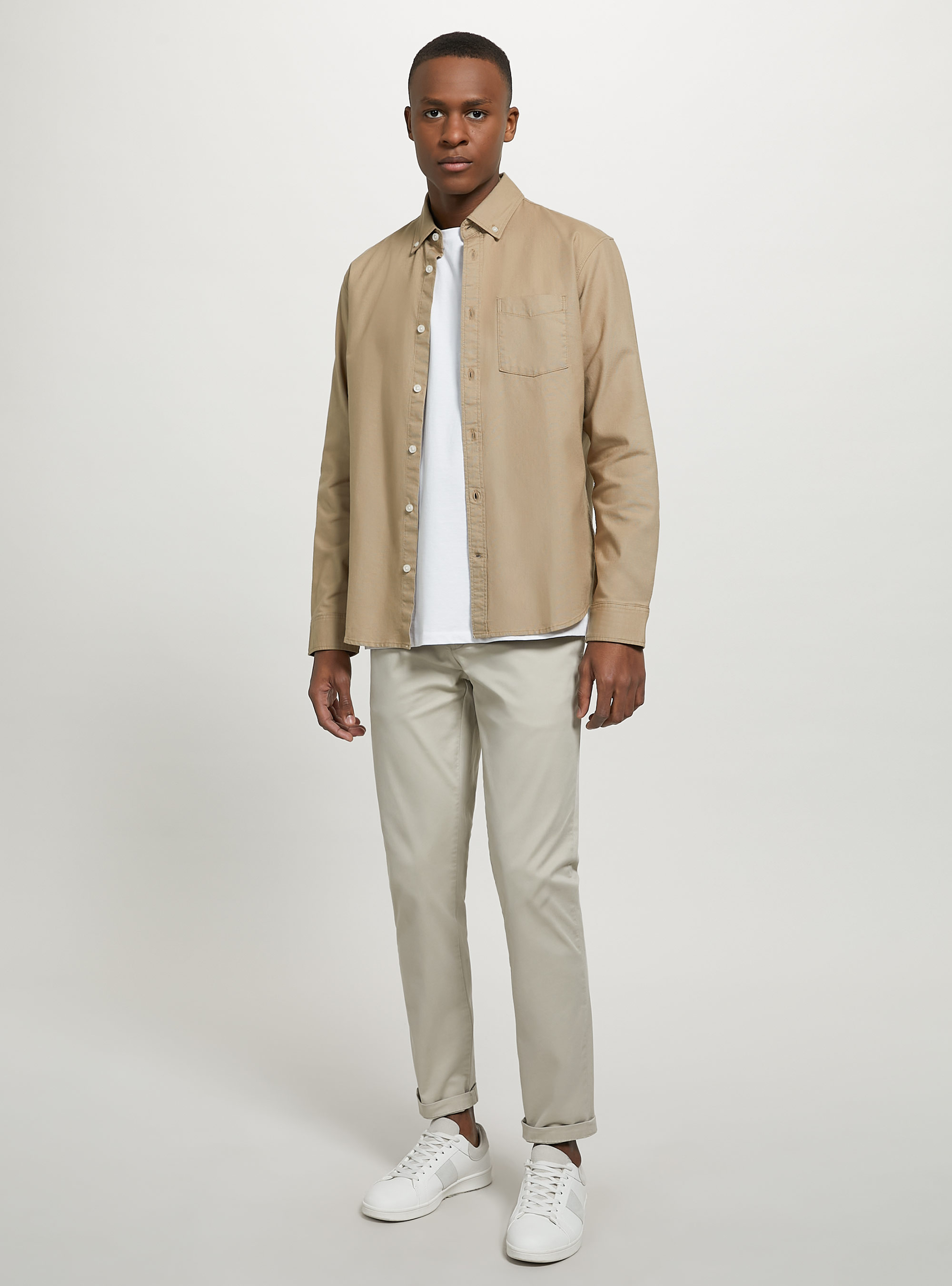 Stretch cotton twill chinos, BEIGE