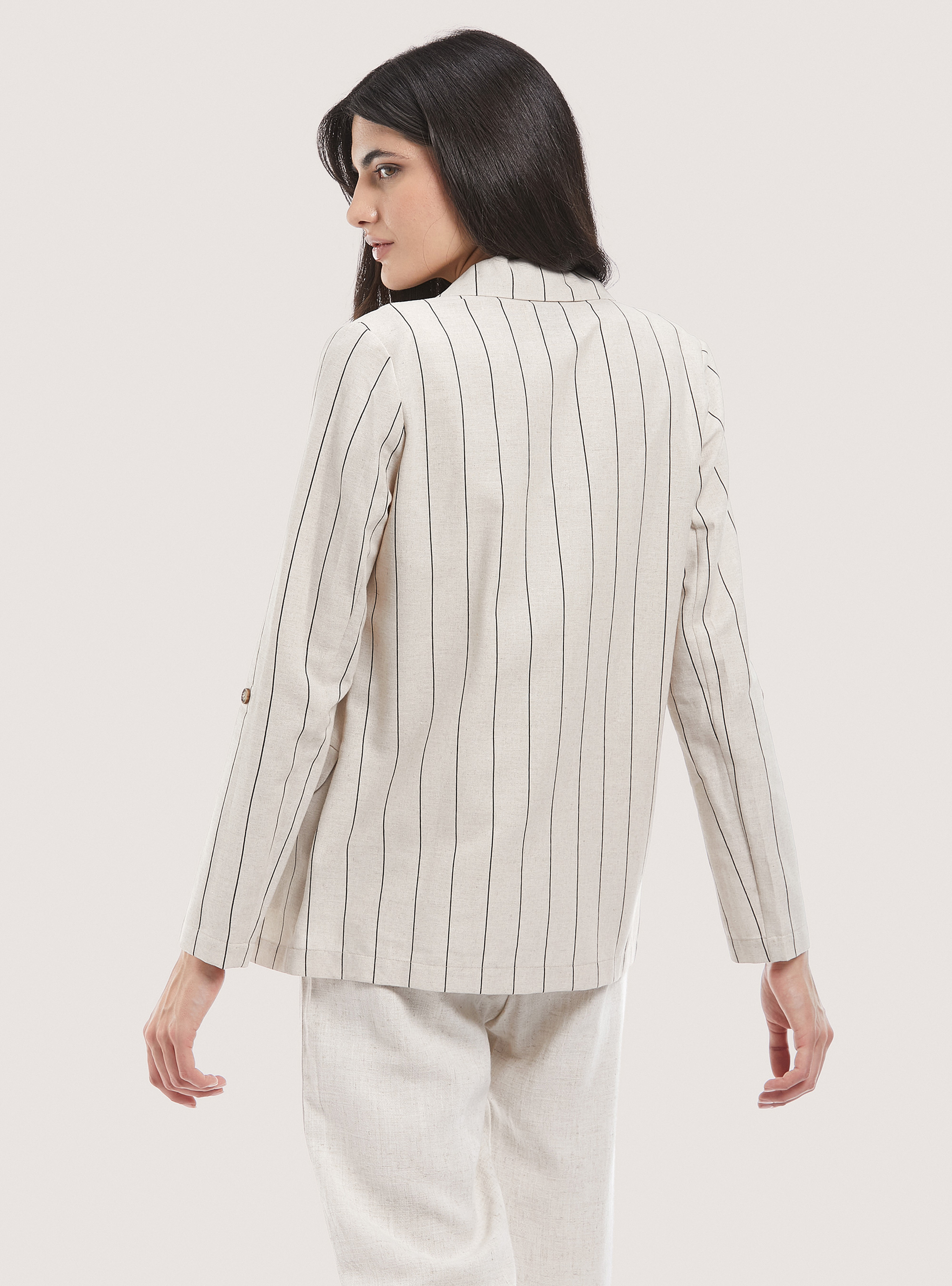 Blazer de rayas en mezcla de lino, MULTICOLORE