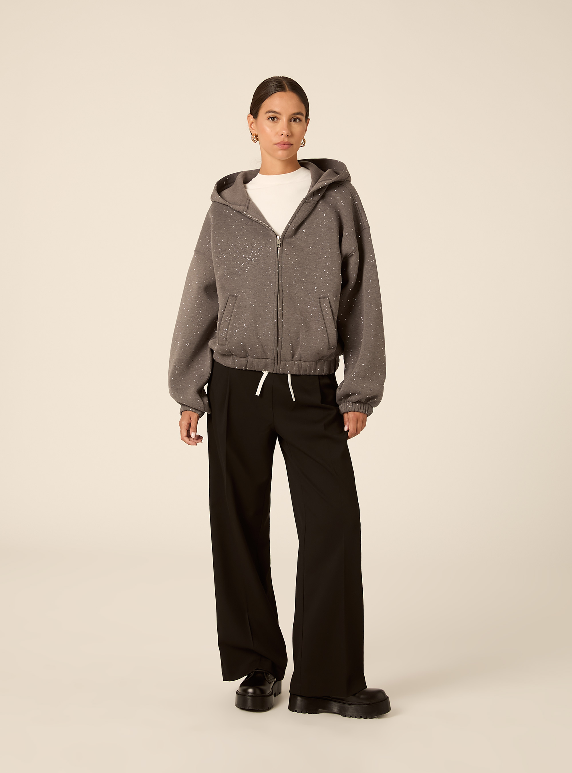 Cardigan felpa in scuba boxy fit con strass, GRIGIO MEDIO MELANGE
